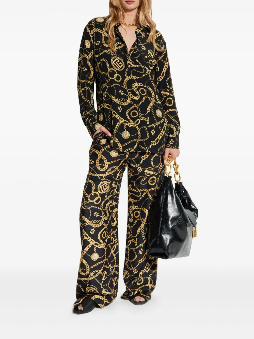 Balmain chain-print button-up shirt Zwart