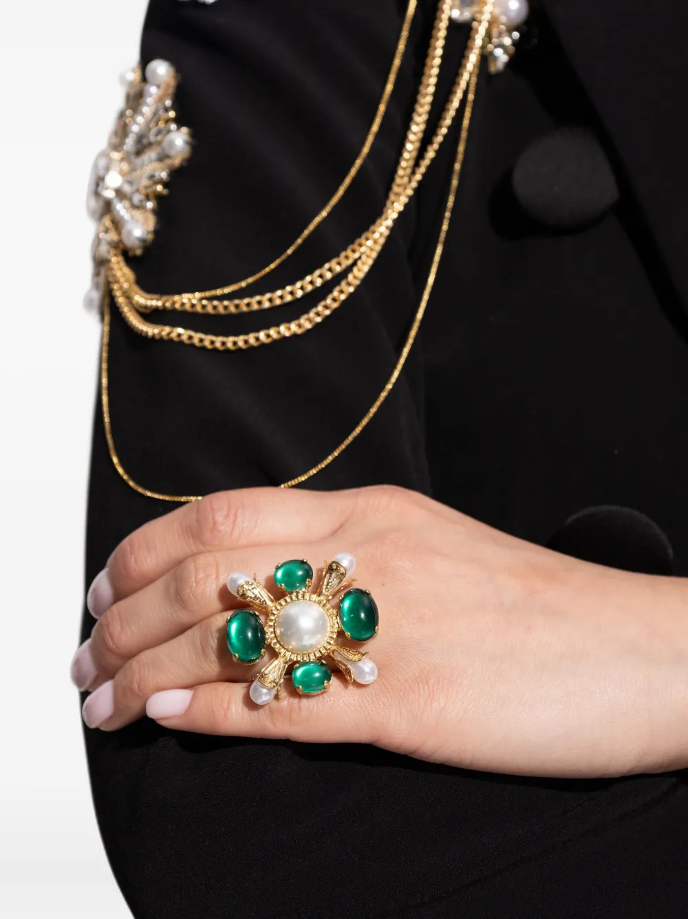 Balmain Ring verfraaid met kristallen en imitatieparel - Goud