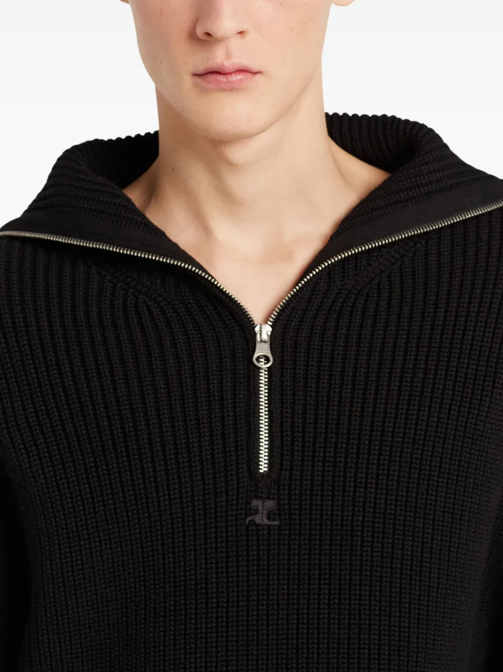 Courrèges zip-neck ribbed-knit sweater Zwart
