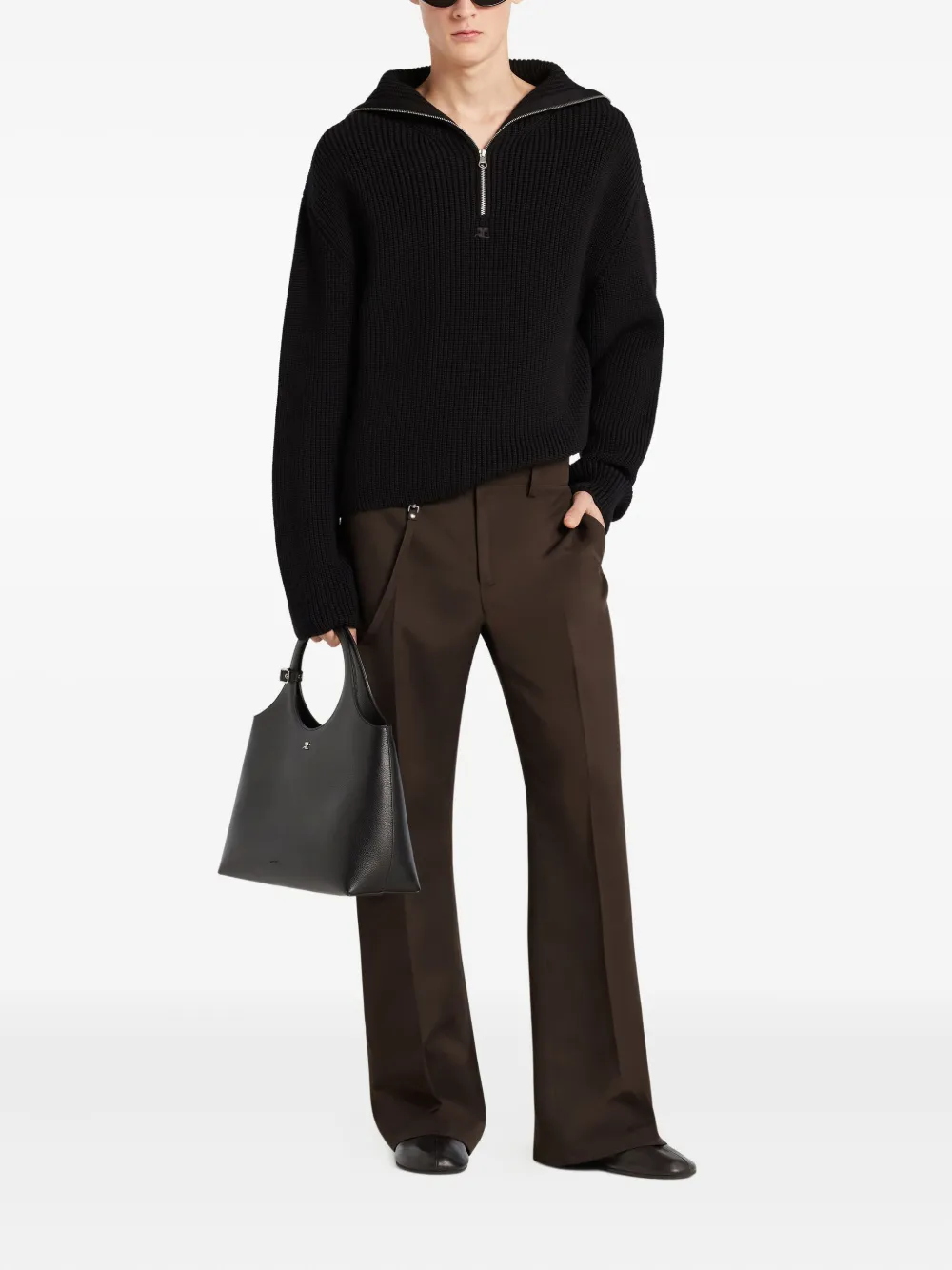Courrèges zip-neck ribbed-knit sweater Zwart