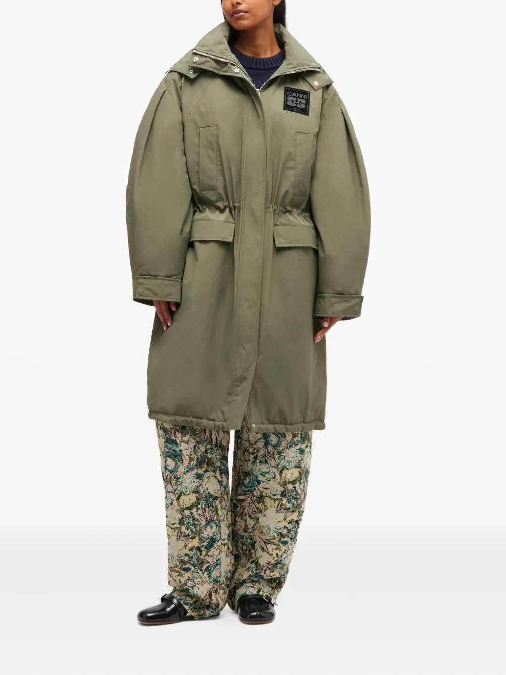 Ganni Military Green Nylon Down Jacket In Green