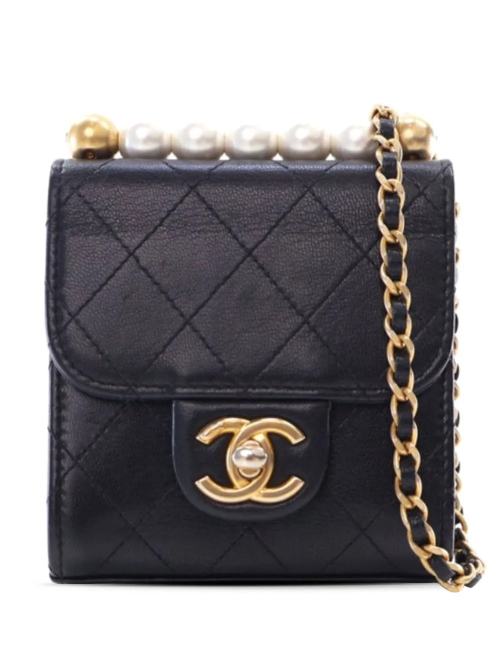 CHANEL Pre-Owned 2019 ミニ ゴートスキン シック パール クラッチオンチェーン ショルダーバッグ - ブラック CHANEL Pre-Owned 2019 ミニ ゴートスキン シック パール クラッチオンチェーン ショルダーバッグ - ブラック