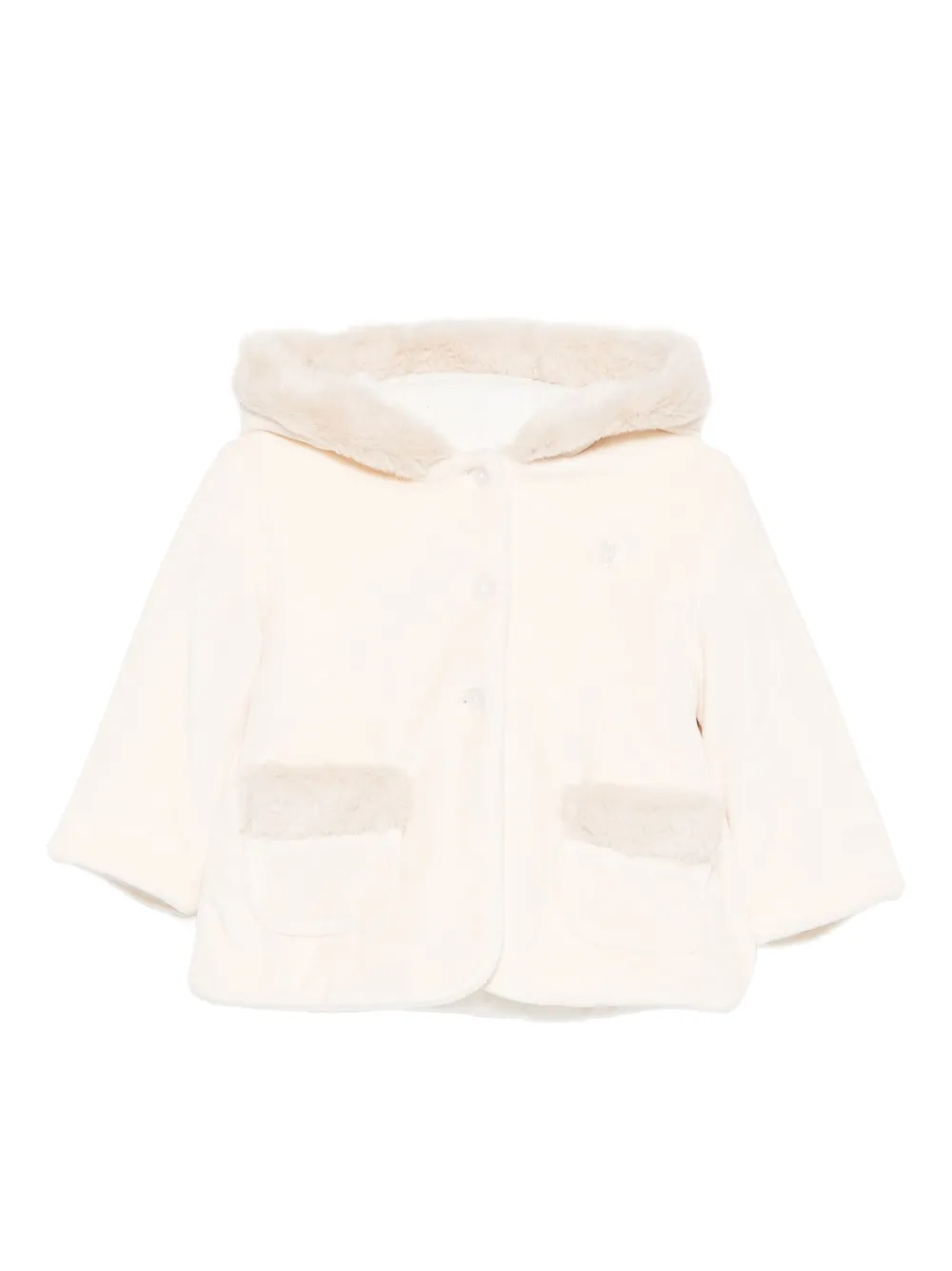 Patachou Hooded Pocketed Faux-fur Coat In Neutral