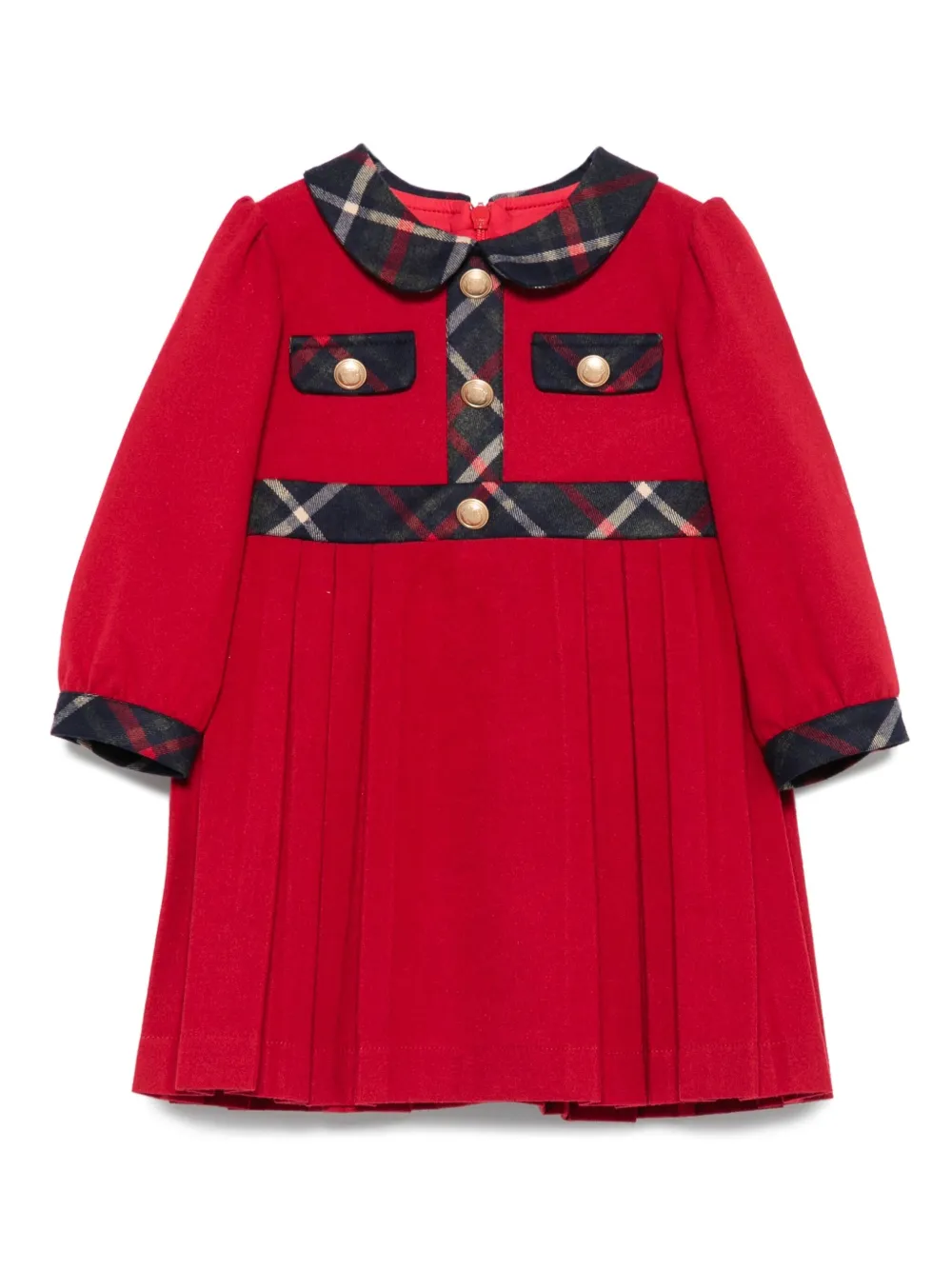 Patachou Pleated Plaid-trimmed Dress In Red