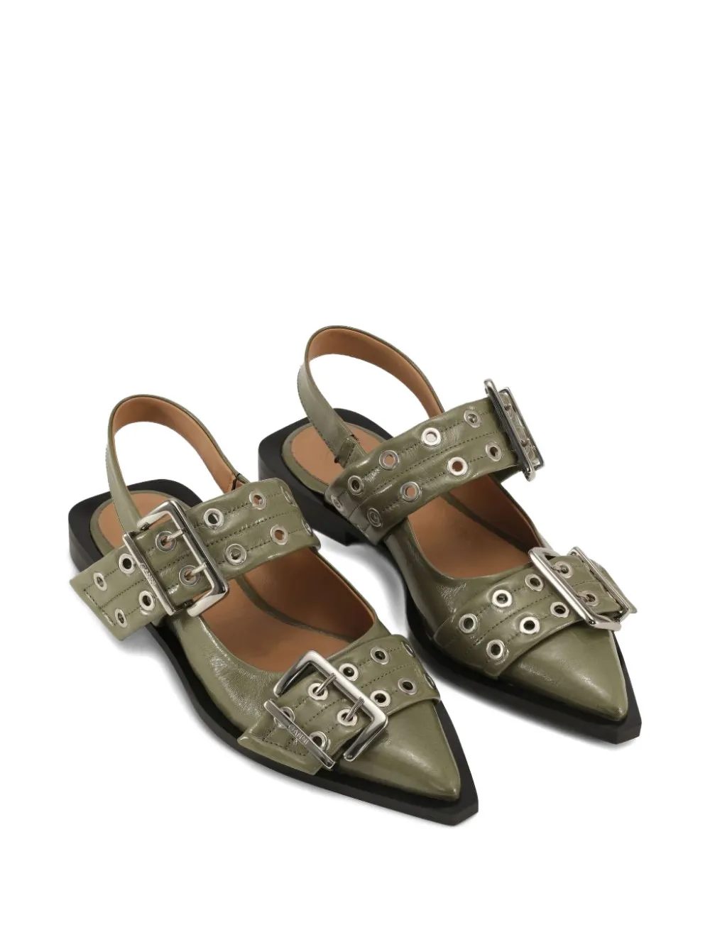 Ganni Buckle-embellished Pointed-toe Flat Pumps In Green