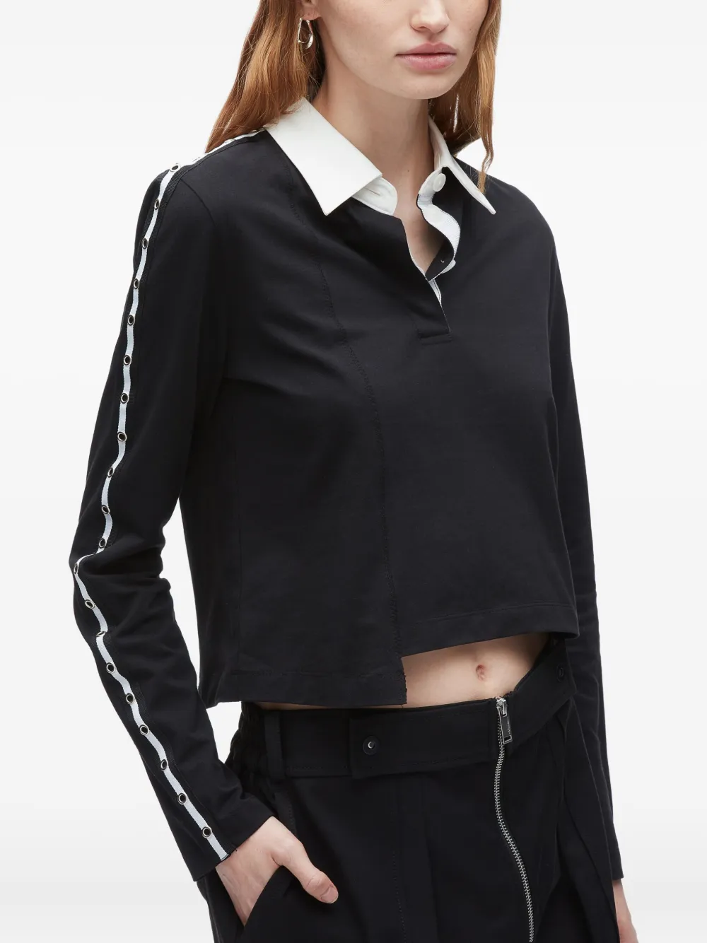 3.1 Phillip Lim panelled eyelet-detail polo top Zwart