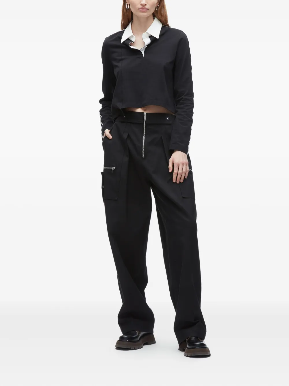3.1 Phillip Lim panelled eyelet-detail polo top Zwart