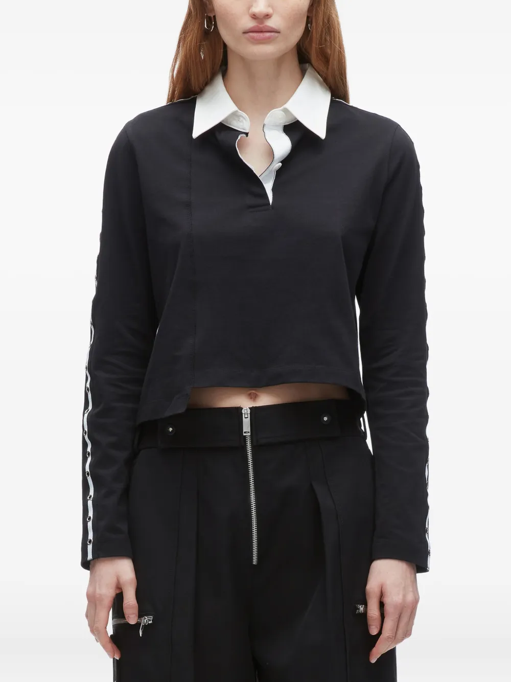 3.1 Phillip Lim panelled eyelet-detail polo top Zwart