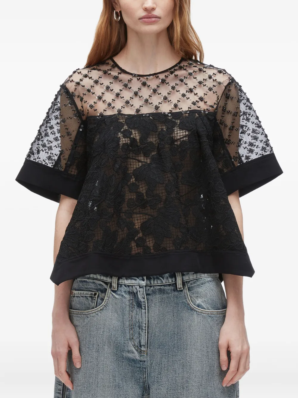 3.1 Phillip Lim beaded lace top Zwart