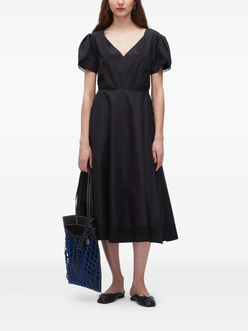 3.1 Phillip Lim Midi-jurk met pofmouwen en V-hals Zwart