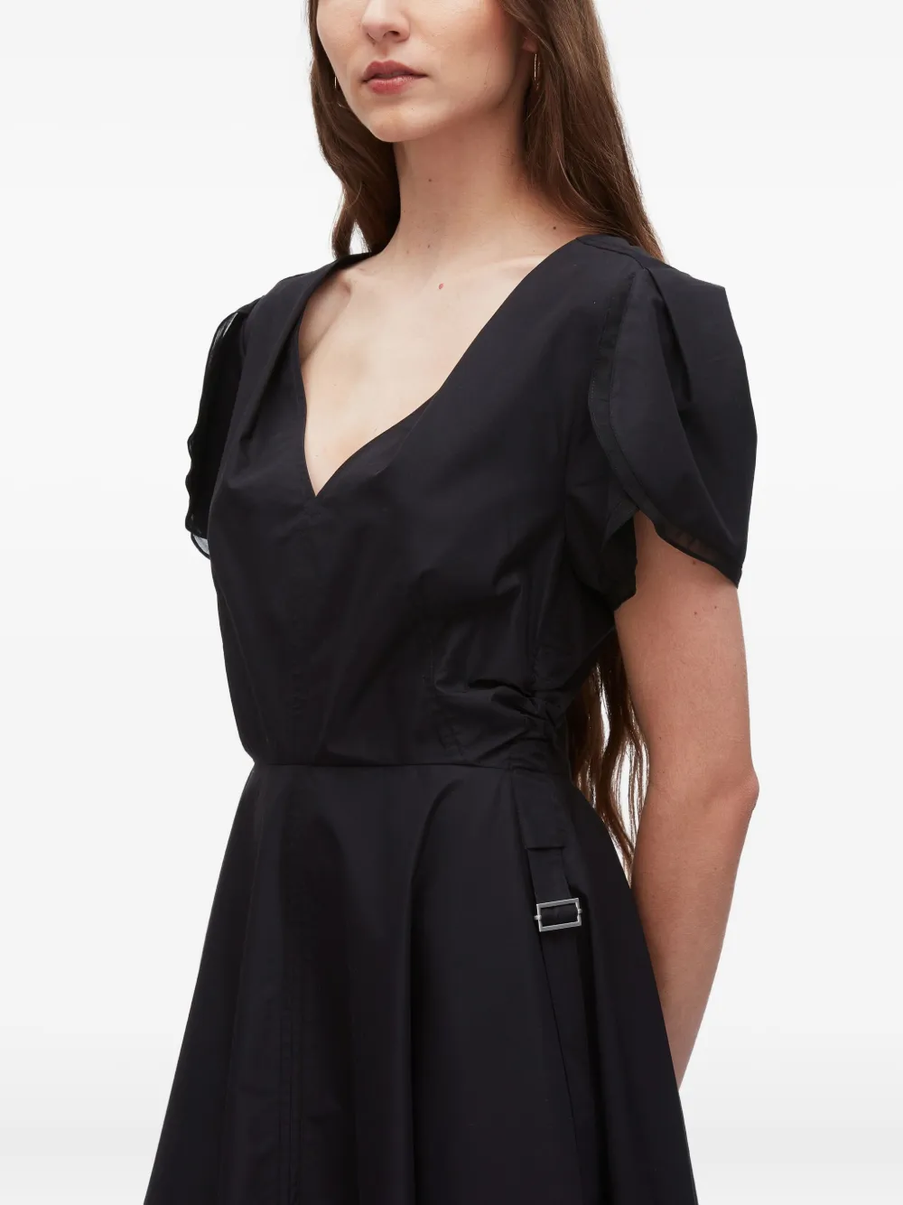3.1 Phillip Lim Midi-jurk met pofmouwen en V-hals Zwart
