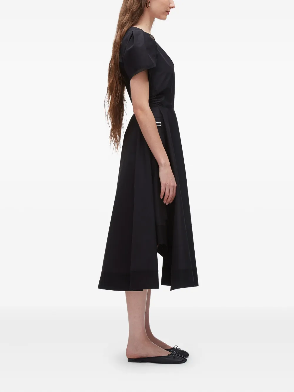 3.1 Phillip Lim Midi-jurk met pofmouwen en V-hals Zwart