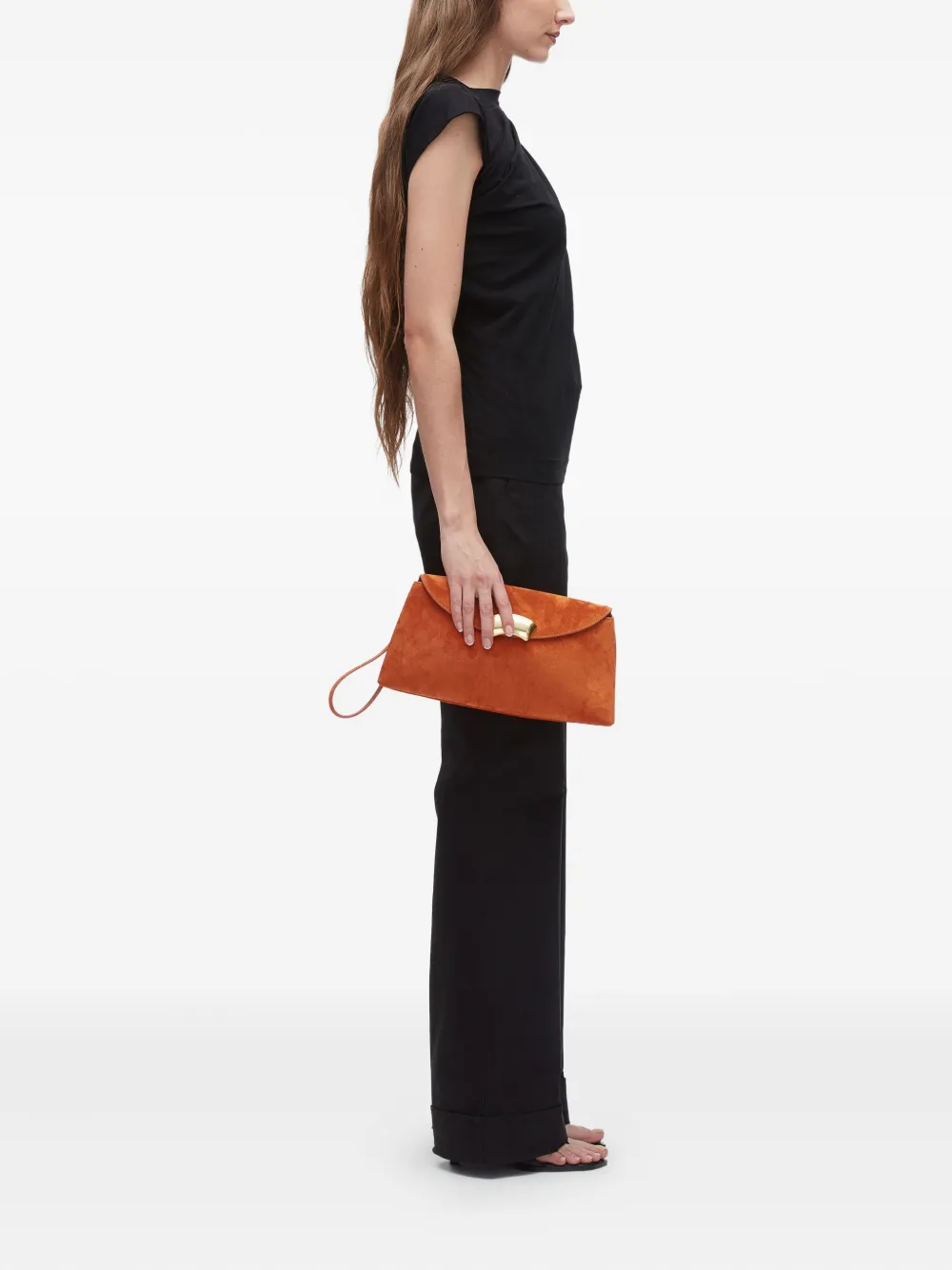 3.1 Phillip Lim curved-flap suede clutch Oranje