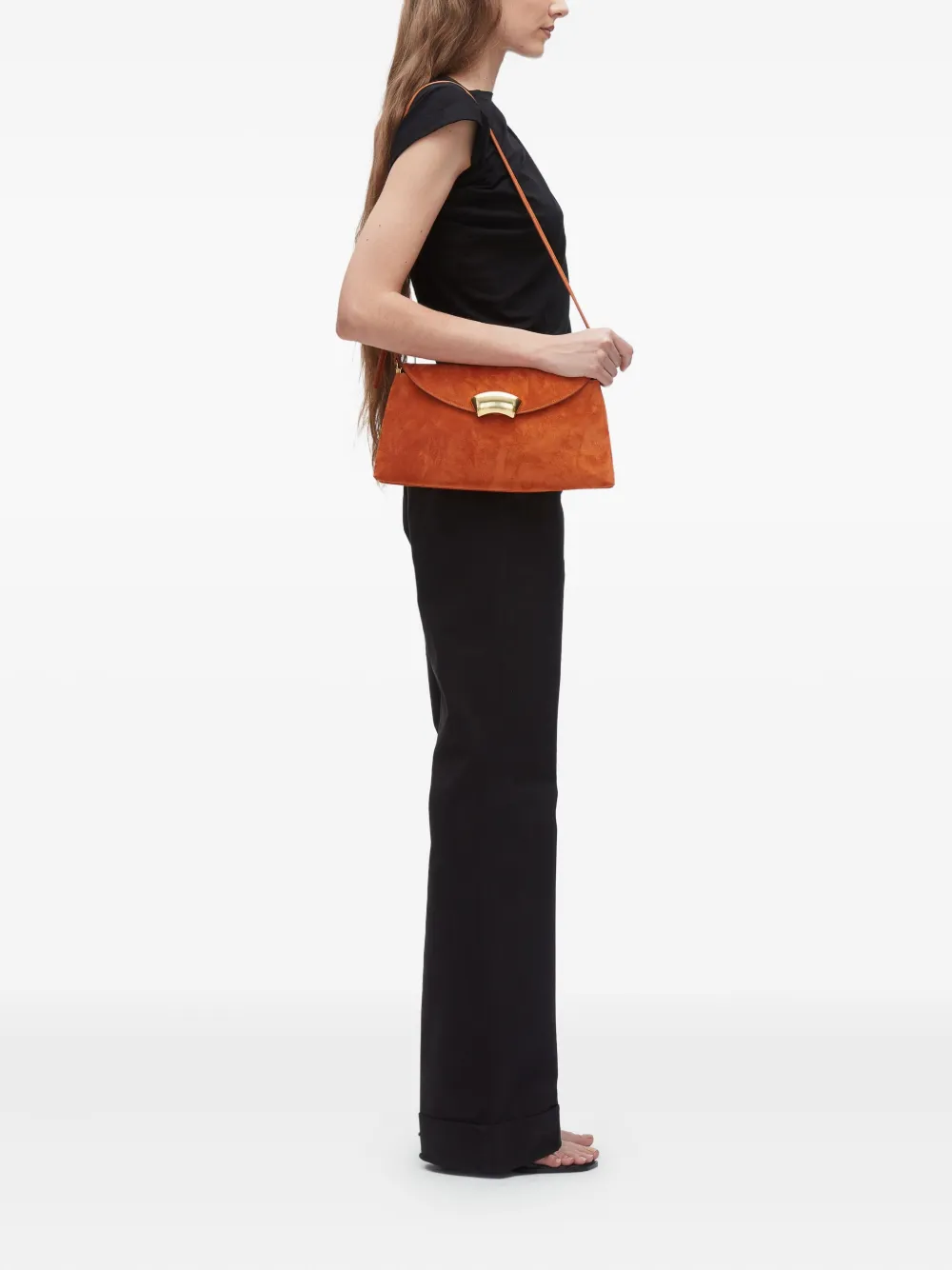 3.1 Phillip Lim curved-flap suede clutch Oranje