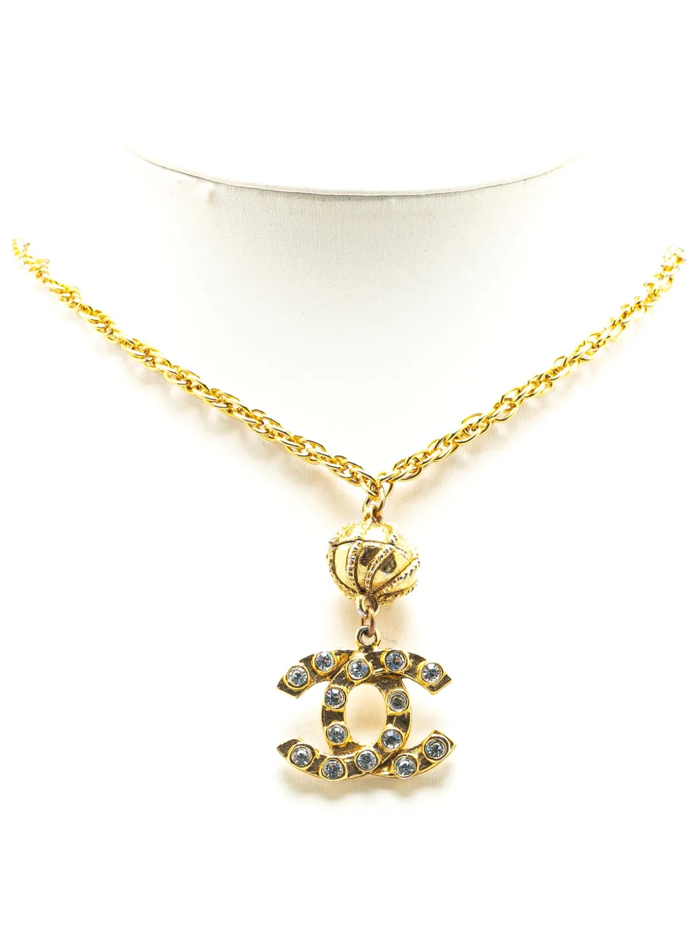 Pre-owned Chanel 1970-1980 Gold Plated Cc Pendant Rhinestones Necklace Costume Necklace
