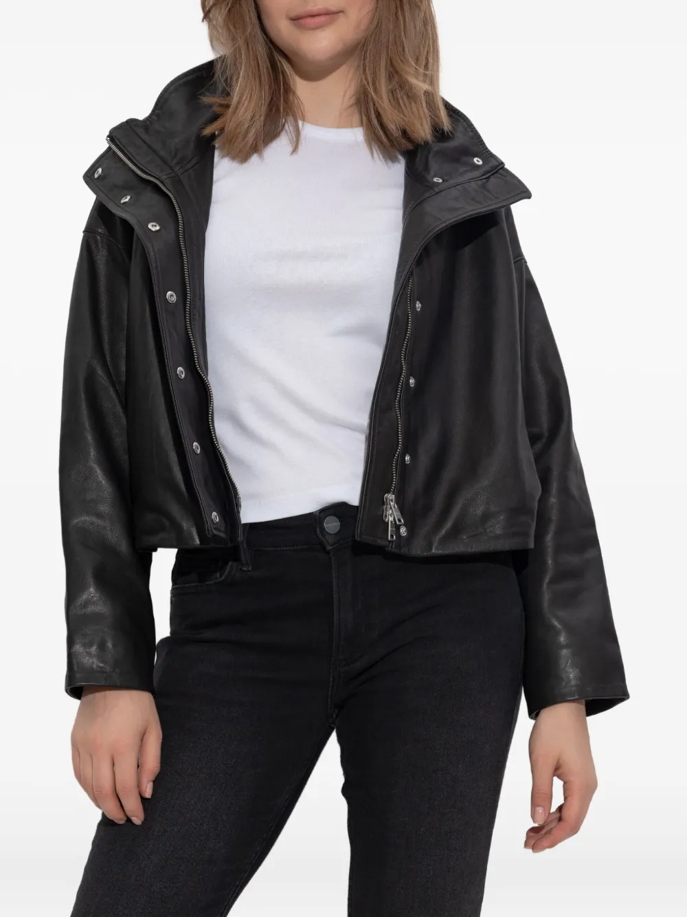 AllSaints Leren jack met hoge hals en rits Zwart
