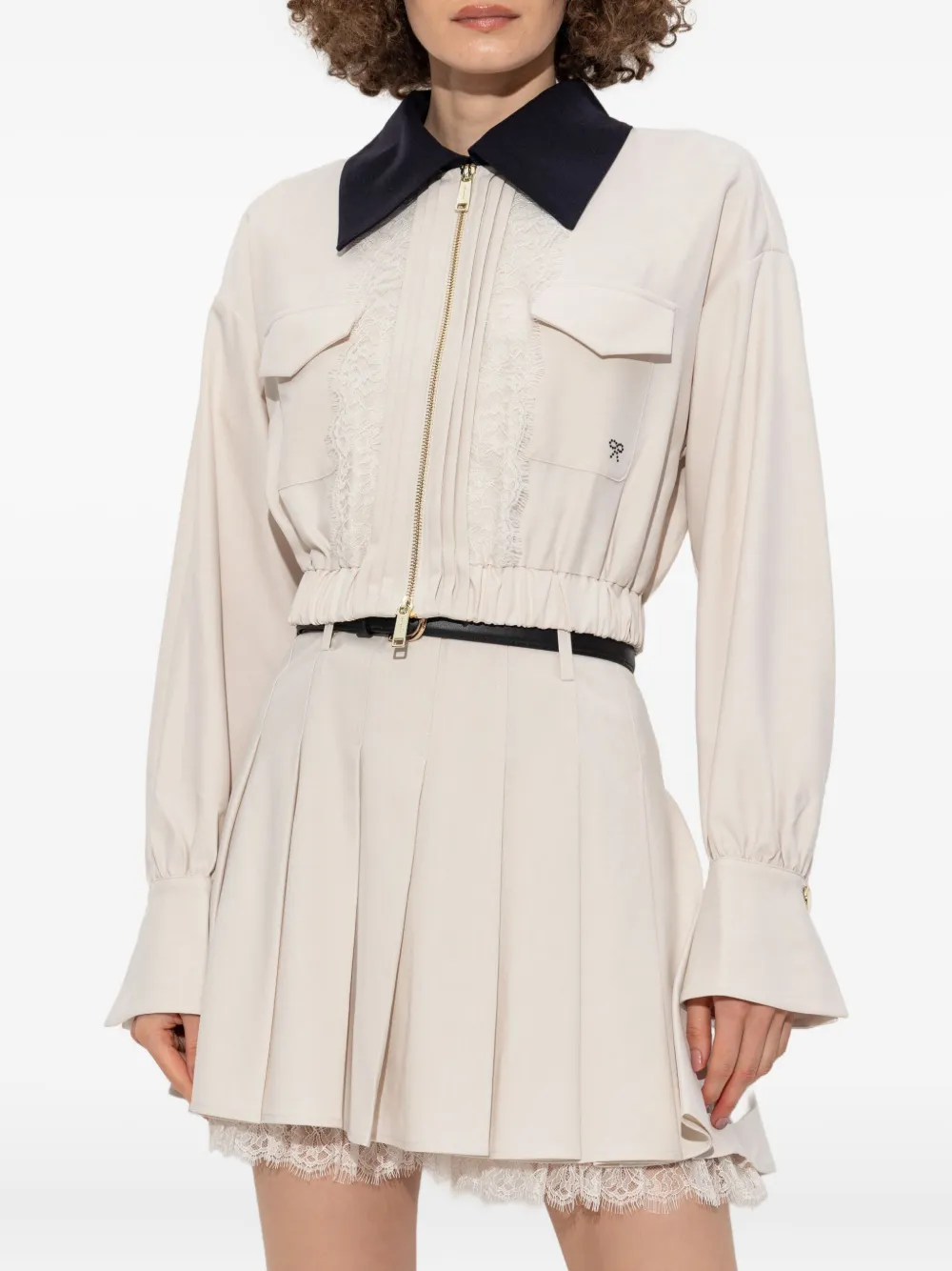 Self-Portrait lace-trimmed zip-front jacket Beige