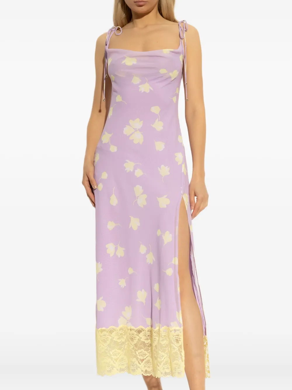 Self-Portrait cowl-neck lace-trimmed midi dress Paars