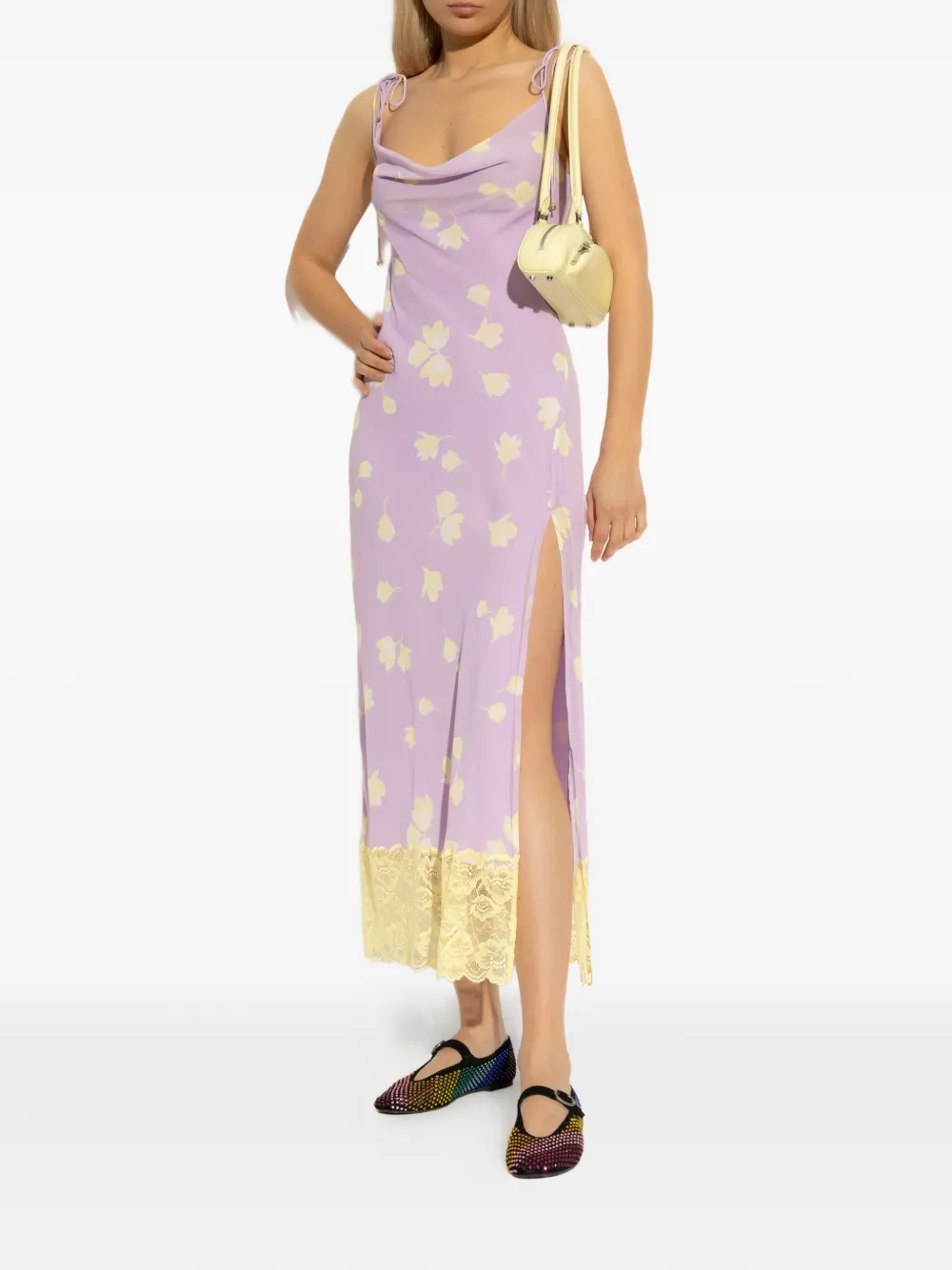 Self-Portrait cowl-neck lace-trimmed midi dress Paars
