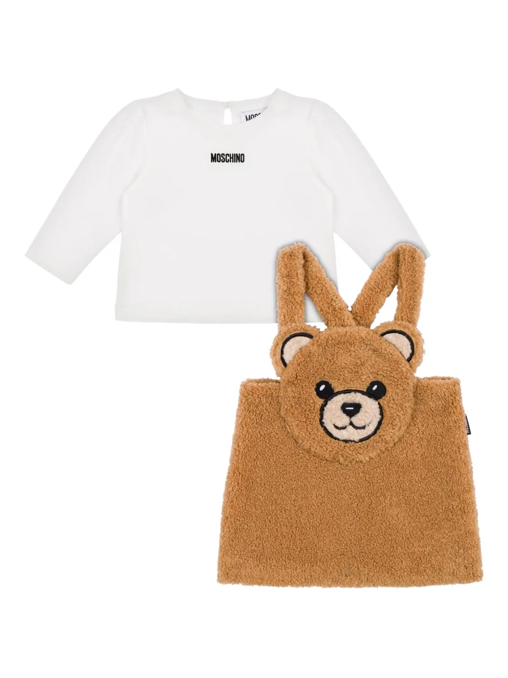 Moschino Kids Fleece tuinbroekset met beerapplicatie 20351 Marrone