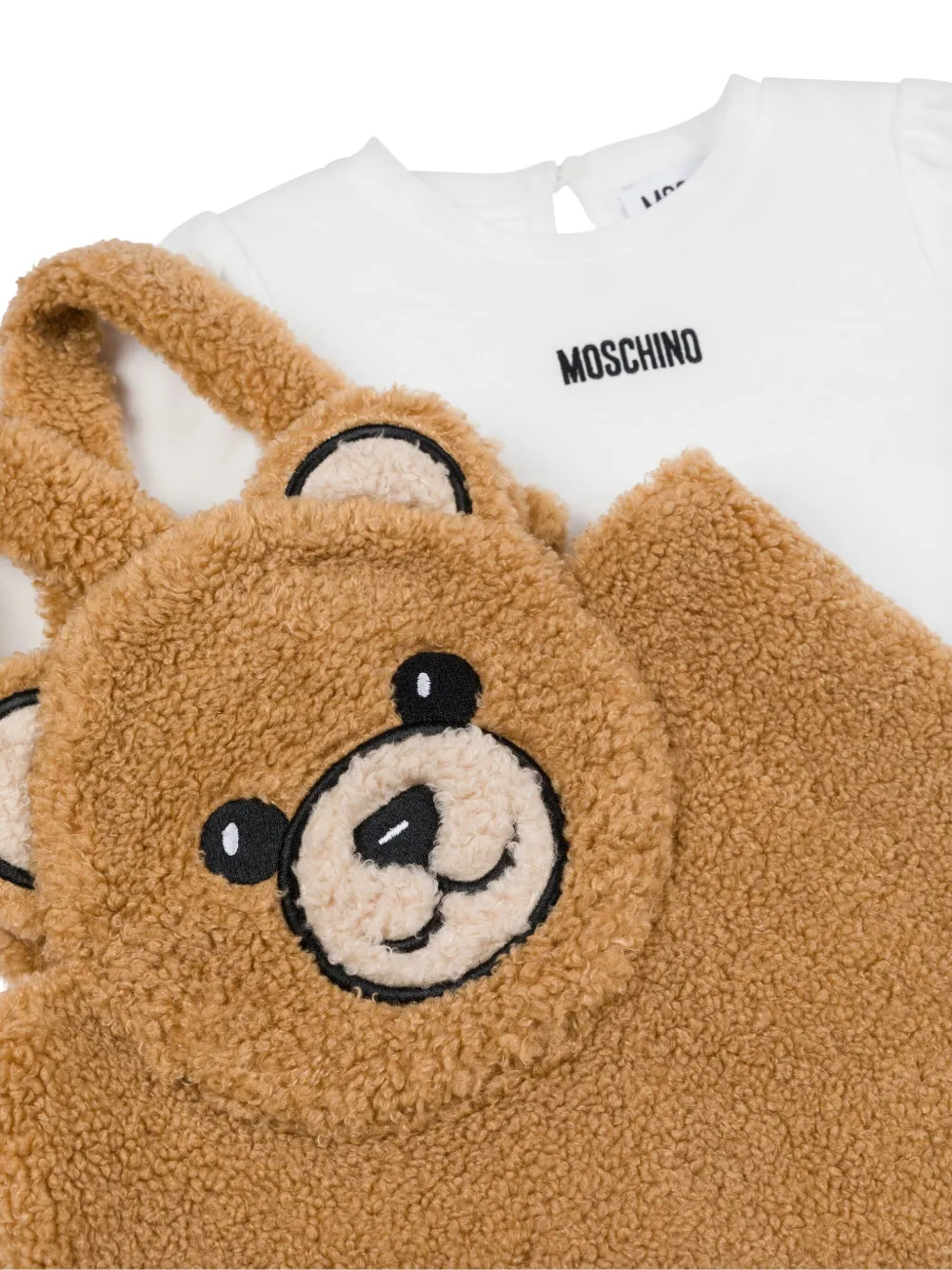 Moschino Kids Fleece tuinbroekset met beerapplicatie 20351 Marrone