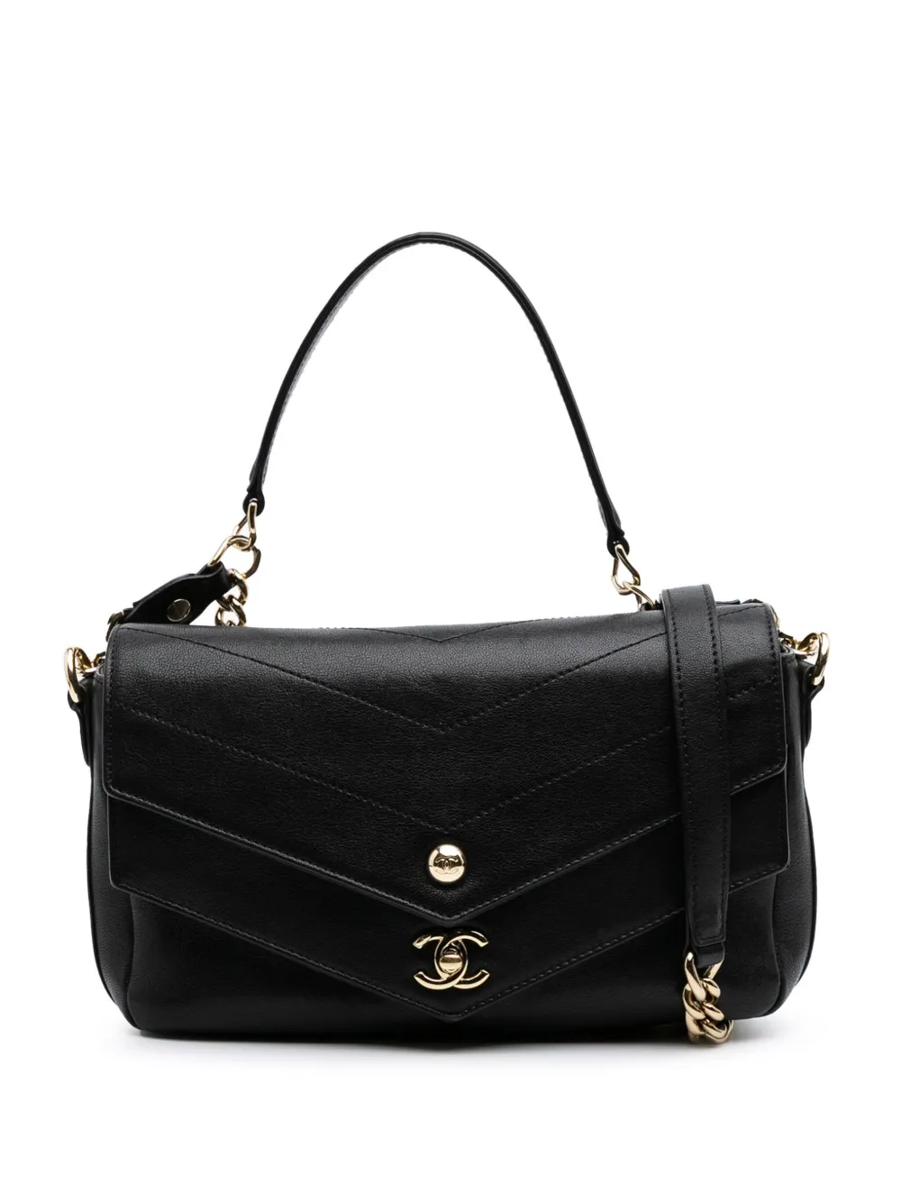 Pre-owned Chanel 2018-2019 Mini Quilted Sheepskin Double Chevron Flap Satchel In Black