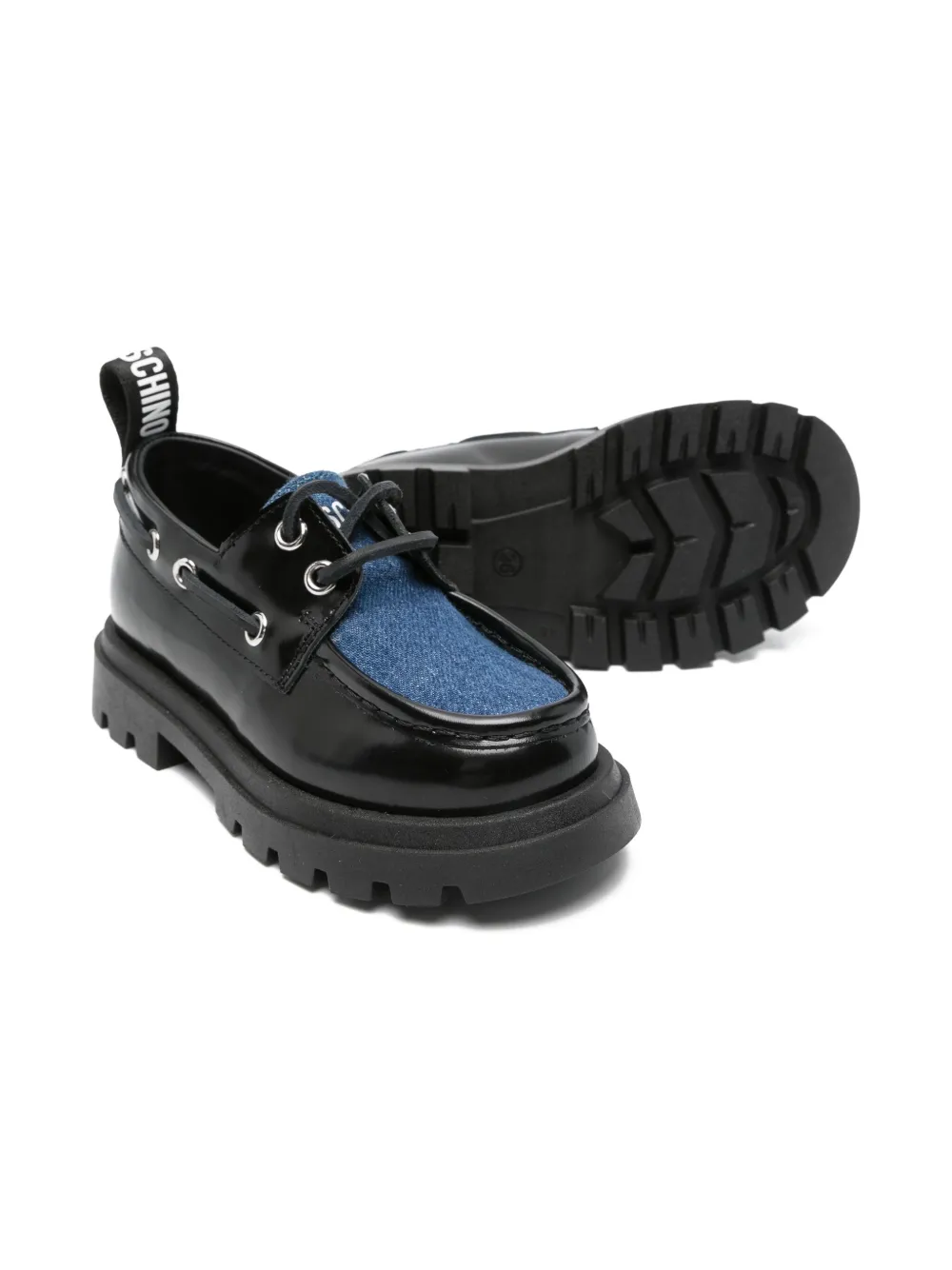 Moschino Kids Leren loafers met vlak van spijkerstof Zwart