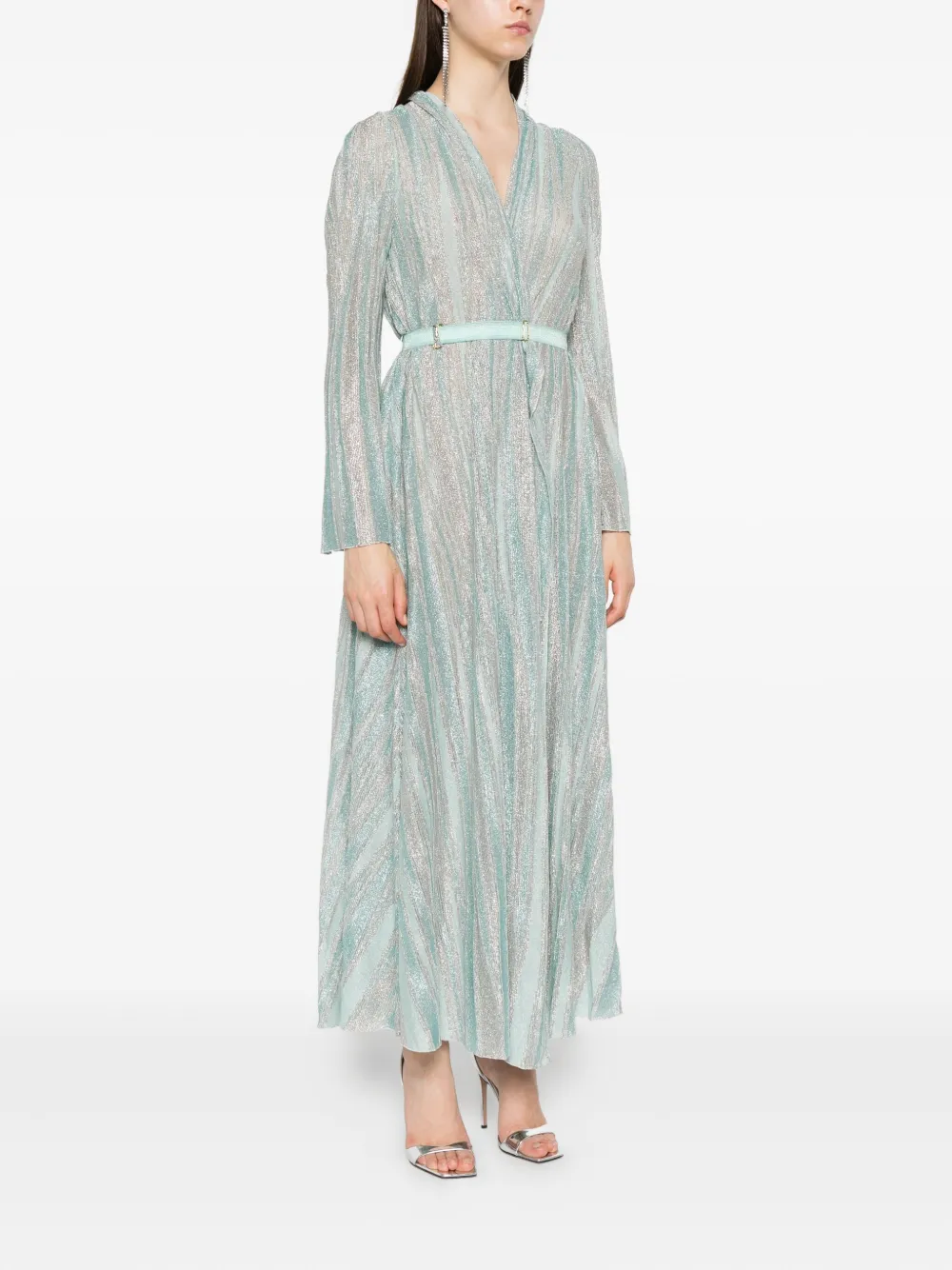 Forte glitter-striped belted maxi dress Blauw