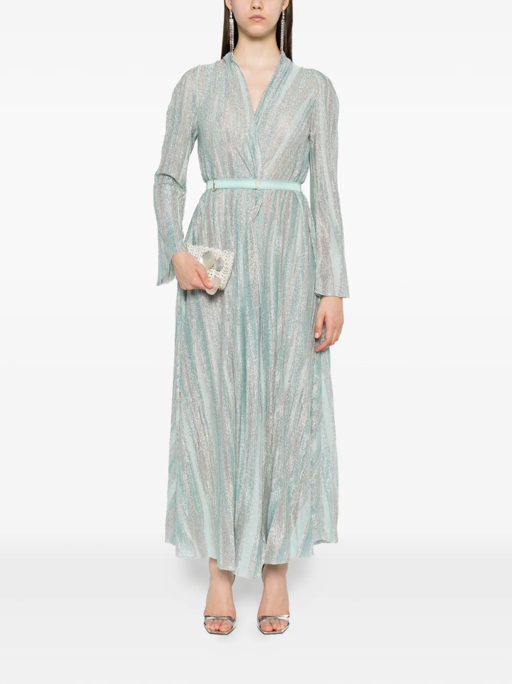 Forte glitter-striped belted maxi dress Blauw