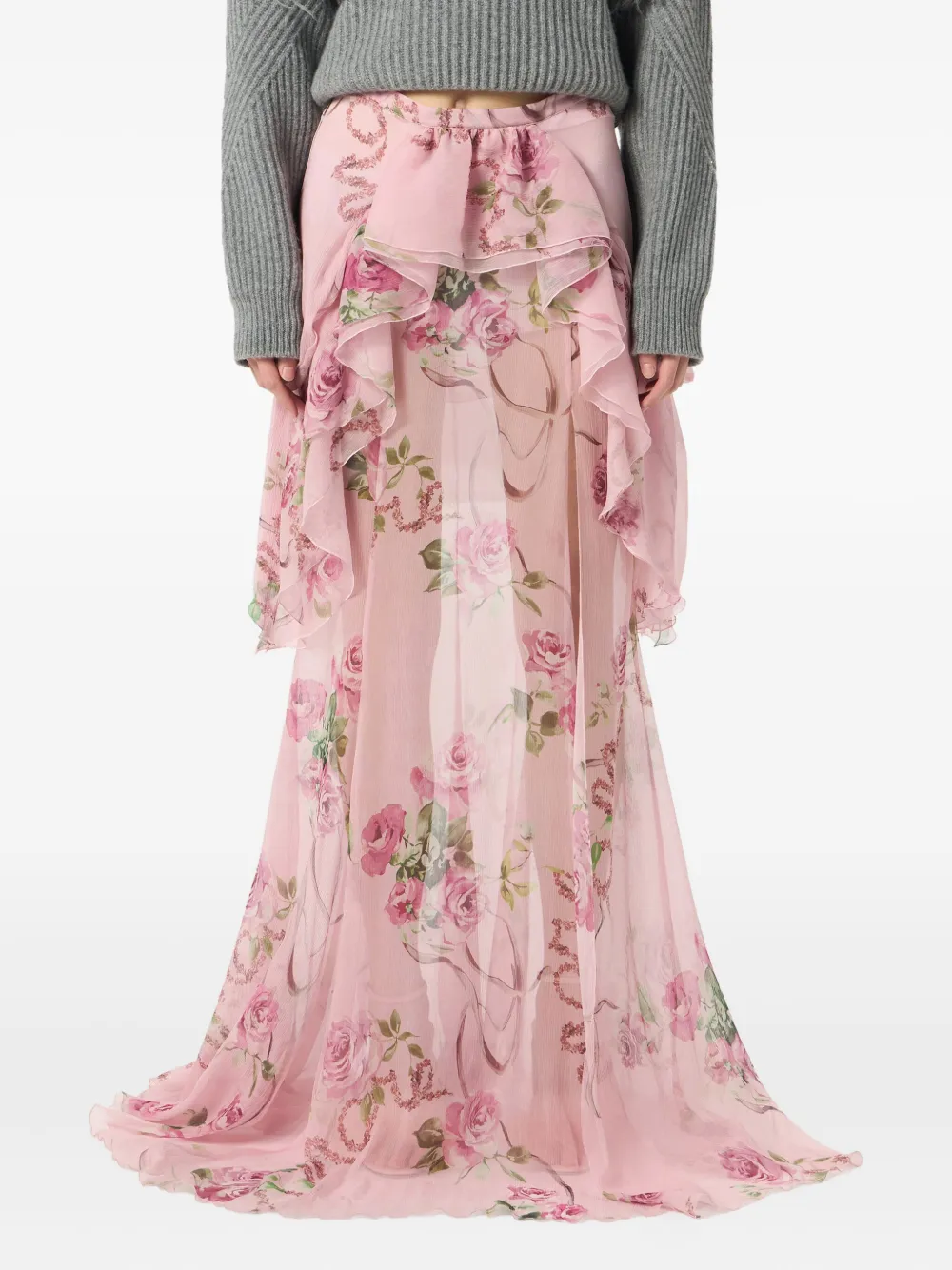 Blumarine floral-print silk long skirt Roze