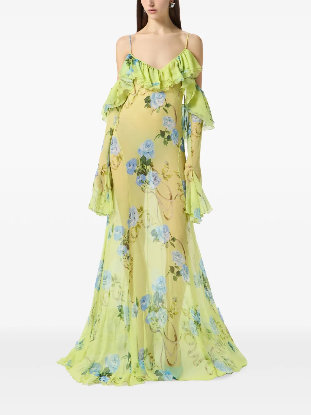 Blumarine Maxi-jurk met ruches en bloemenprint Groen