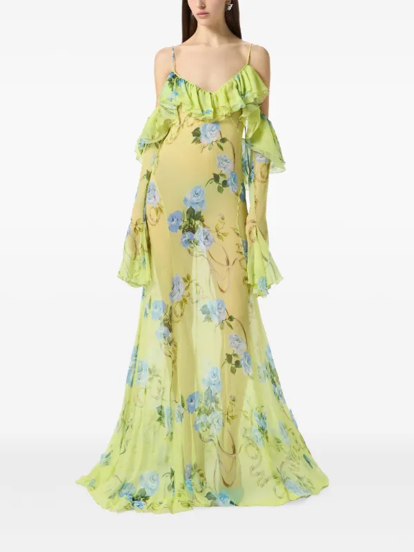 【関送込】BLUMARINE◆MAXI DRESS Blumarine Ruffled Floral Maxi Dress | Green | FARFETCH