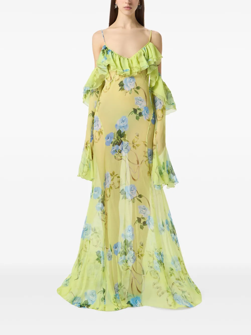 Blumarine Maxi-jurk met ruches en bloemenprint Groen