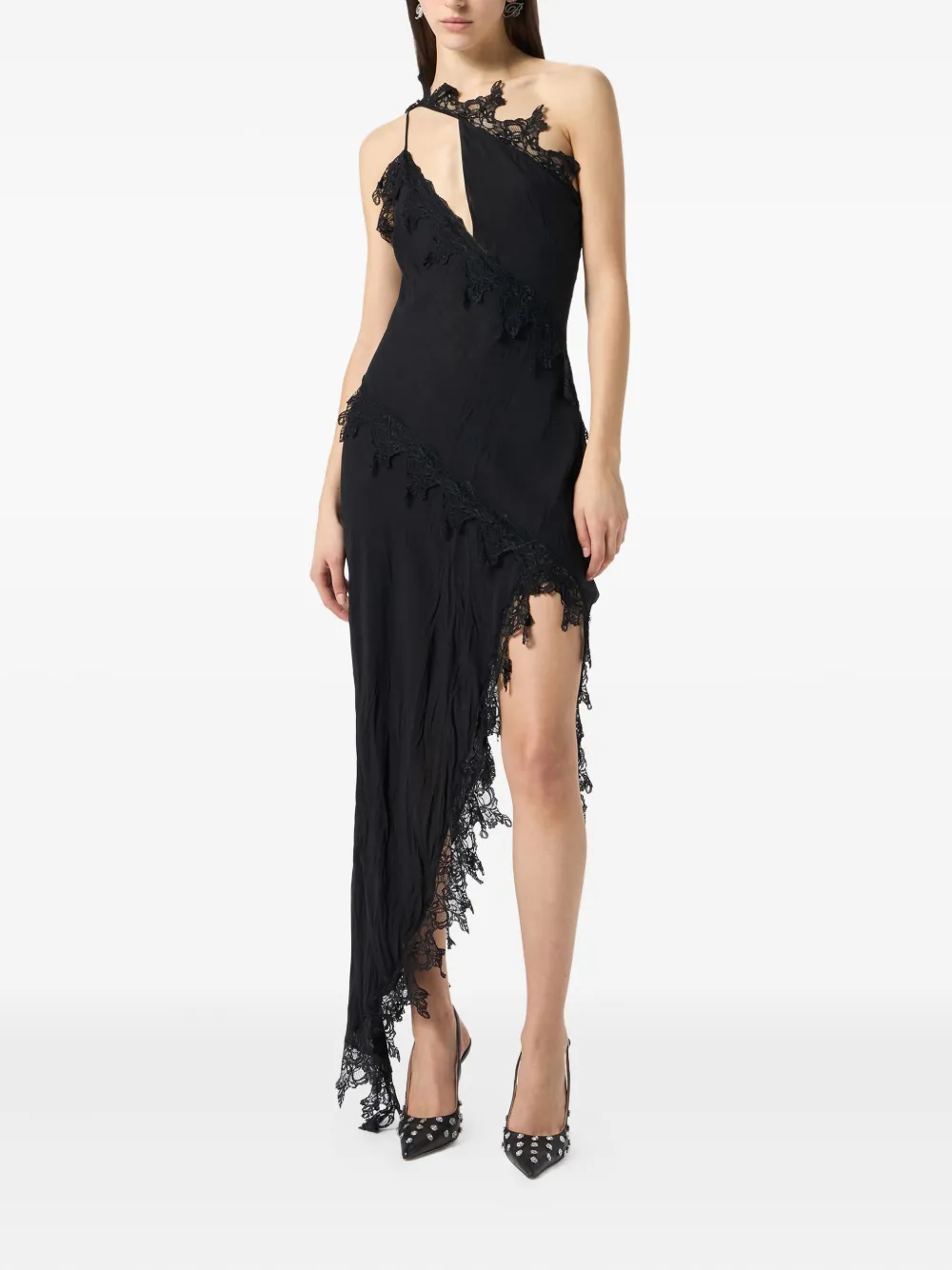 Blumarine Asymmetrische jurk verfraaid met kant Zwart