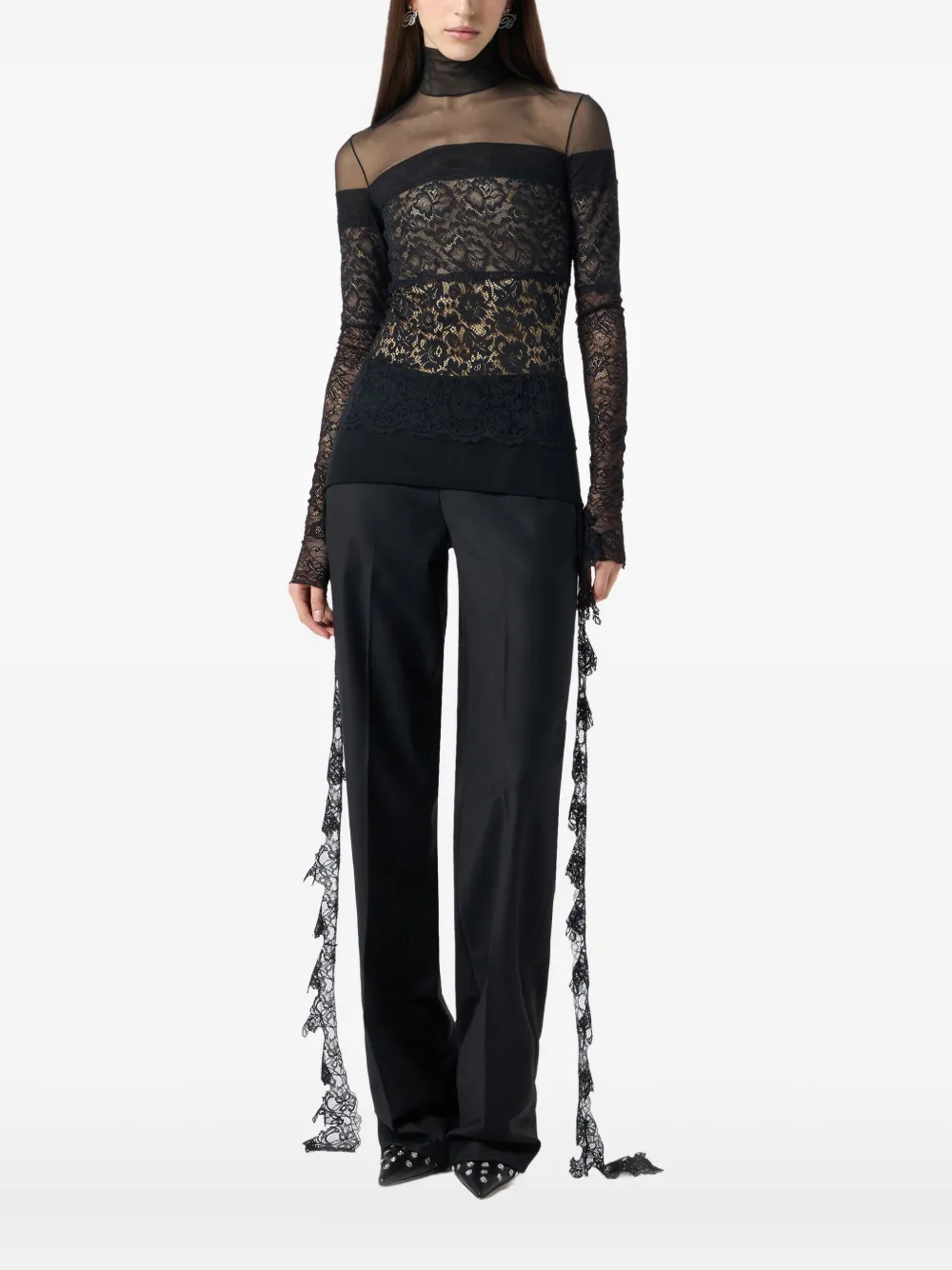 Blumarine Top met doorzichtig kant en col Zwart