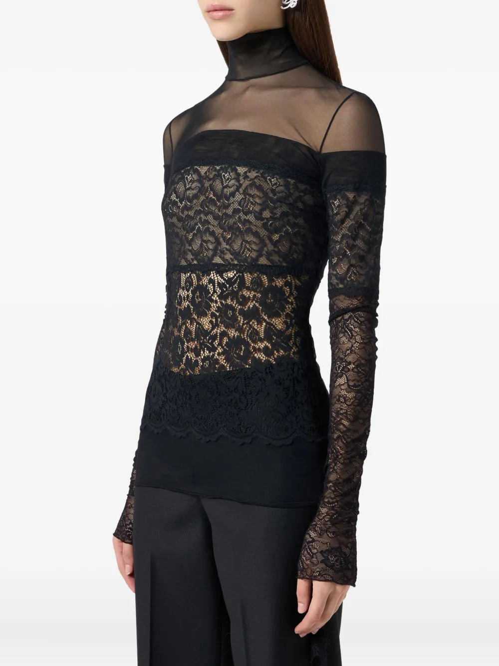 Blumarine Top met doorzichtig kant en col Zwart