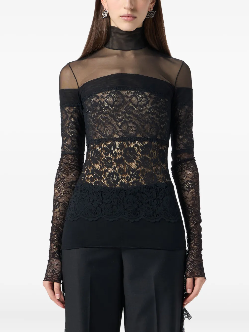 Blumarine Top met doorzichtig kant en col Zwart