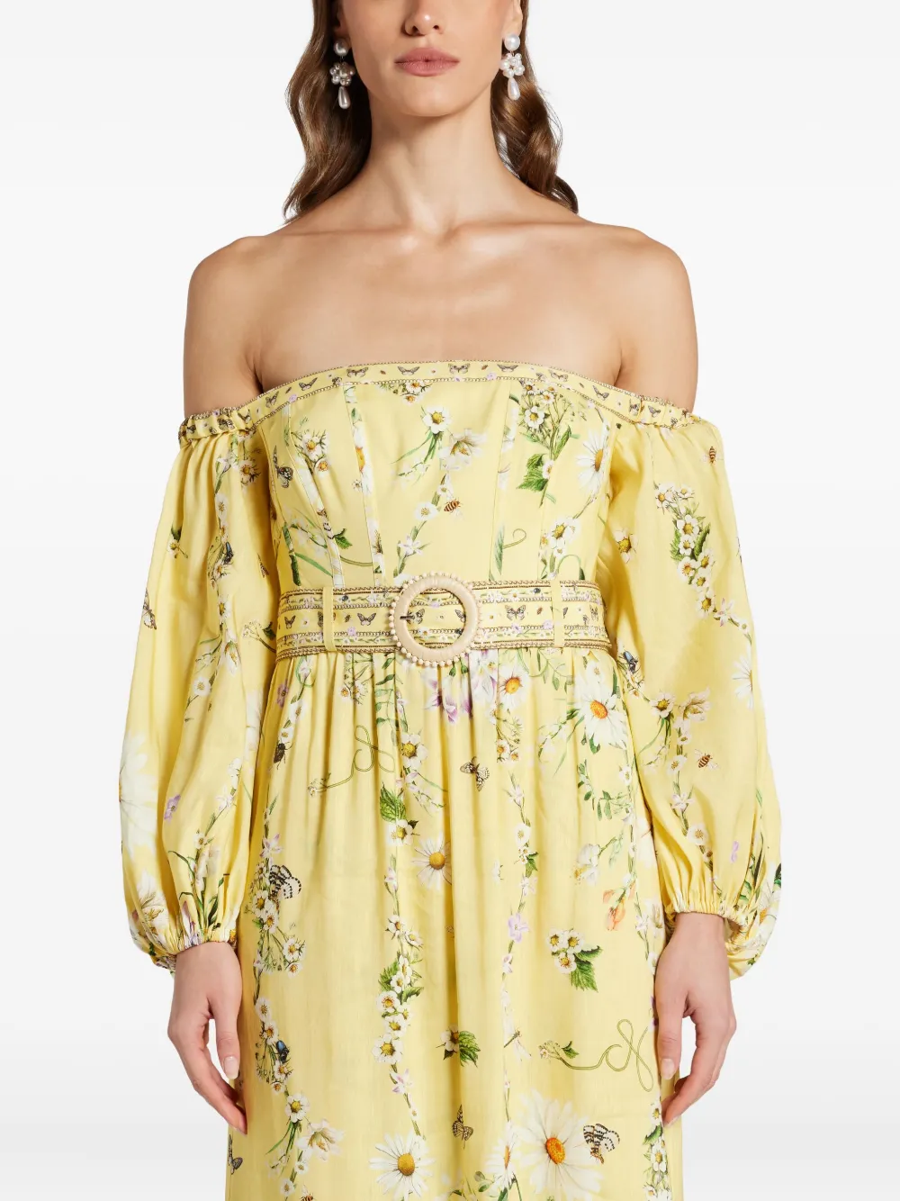 Camilla Off-the-shoulder Gathered Floral-print Linen And Silk-blend Maxi Dress In Yellow