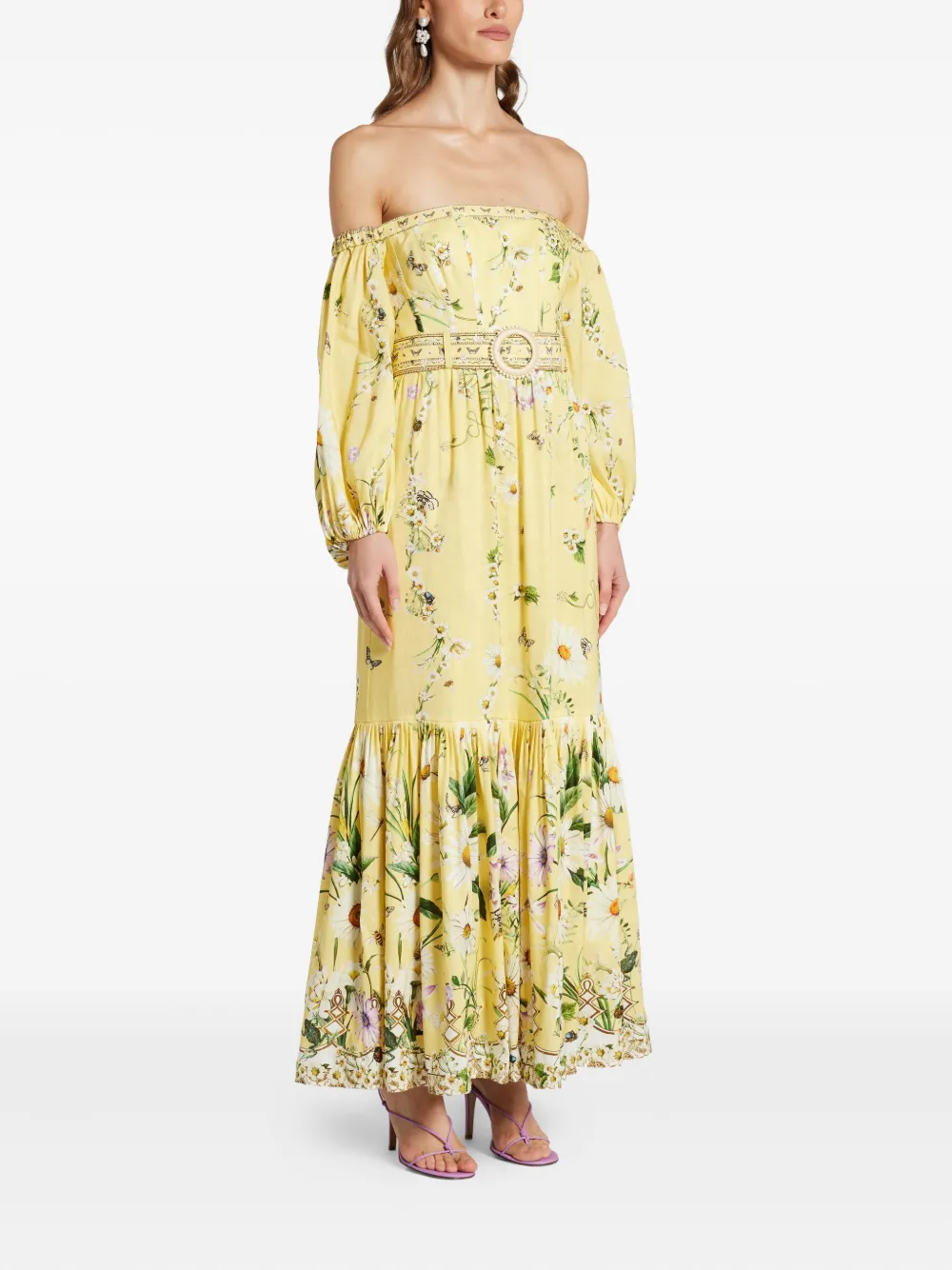 Camilla Off-the-shoulder Gathered Floral-print Linen And Silk-blend Maxi Dress In Yellow