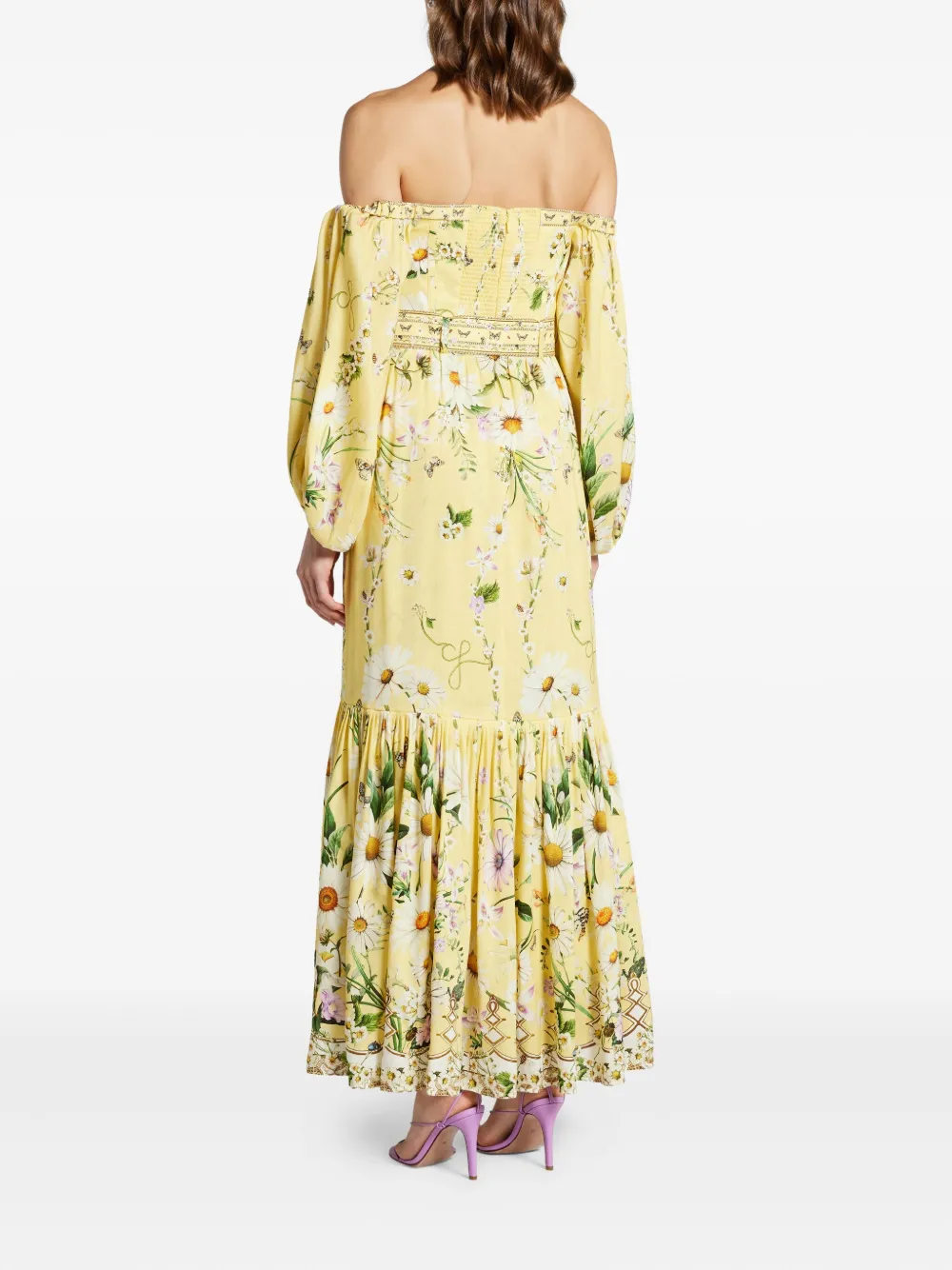Camilla Off-the-shoulder Gathered Floral-print Linen And Silk-blend Maxi Dress In Yellow