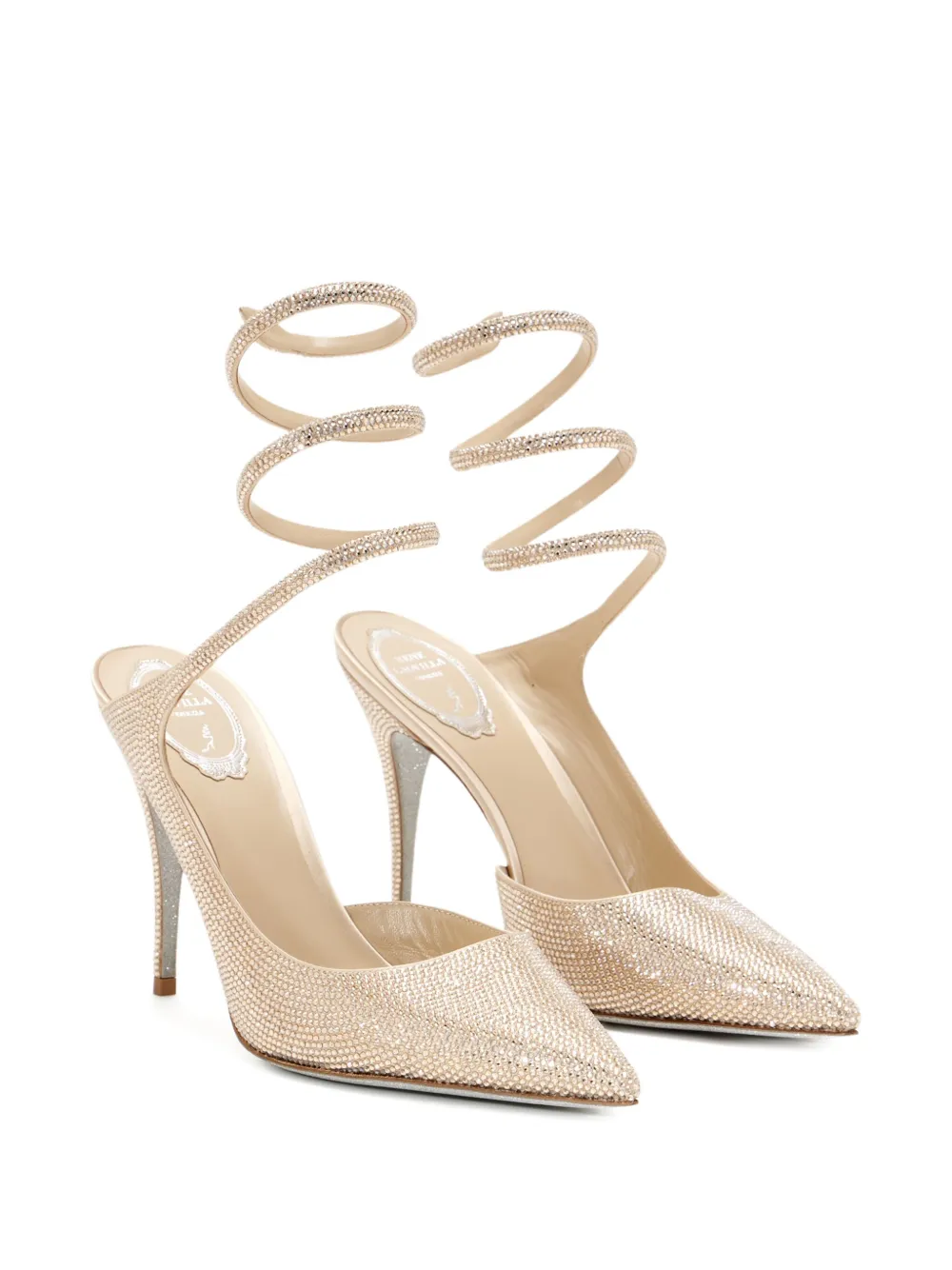 René Caovilla 80mm crystal-embellished spiral-strap pumps Gold