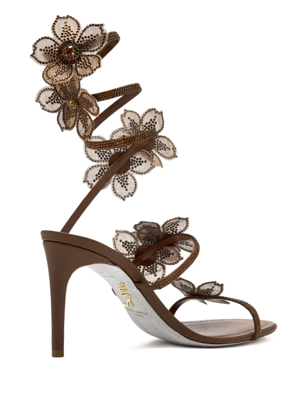 René Caovilla 80mm Floriane Crystal-flower Sandals In Brown