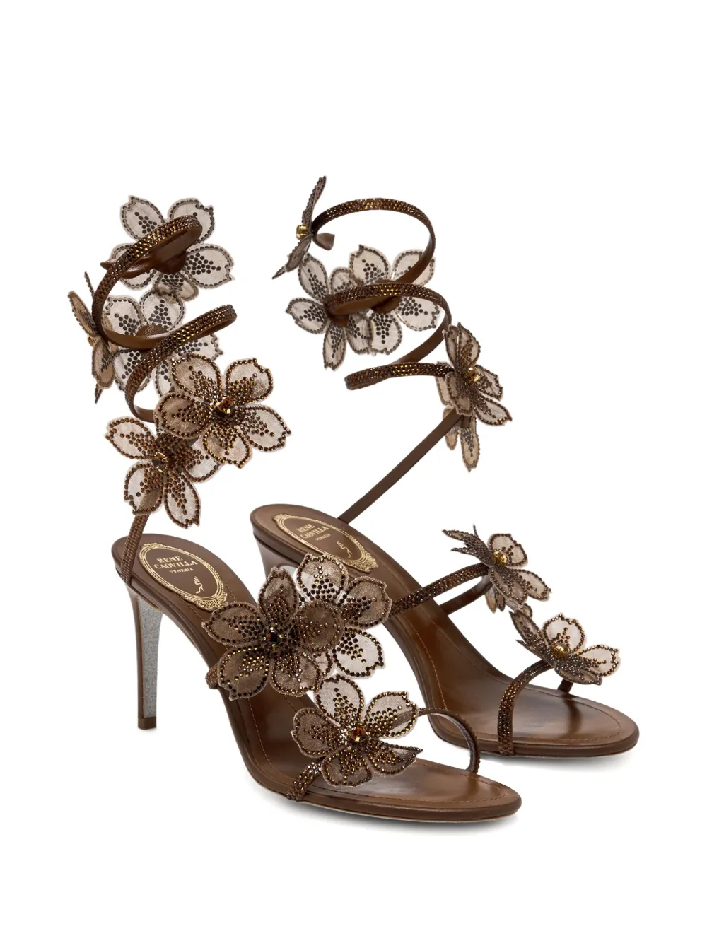 René Caovilla 80mm Floriane Crystal-flower Sandals In Brown