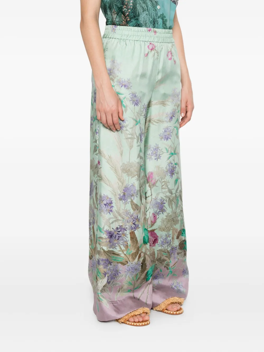 La Doublej Floral-print Silk Trousers In Green