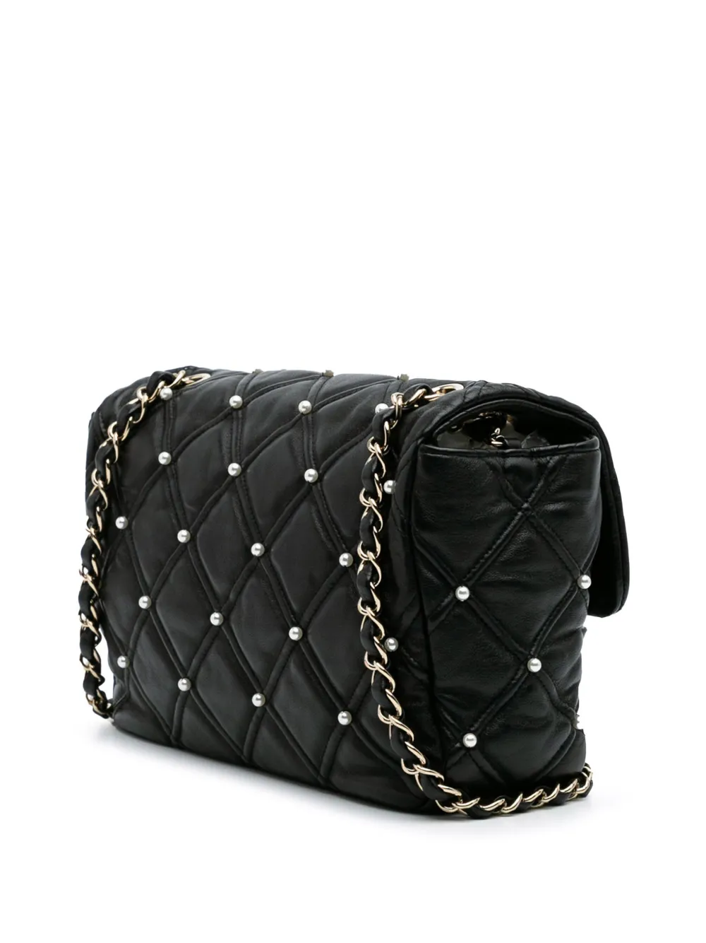 Pre-owned Chanel 2019 Medium Quilted Lambskin Pearl Studs Flap Shoulder Bag