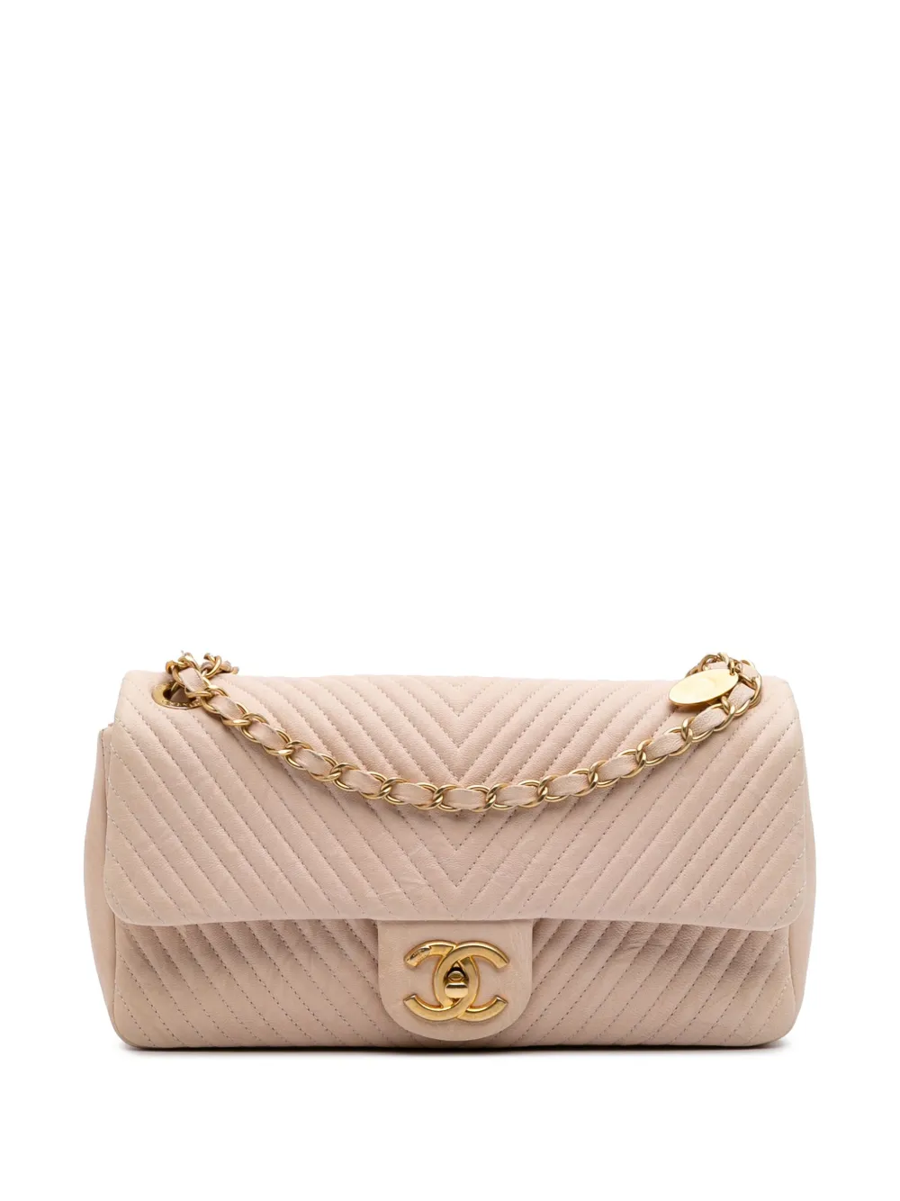 Pre-owned Chanel 2013-2014 Medium Chevron Wrinkled Calfskin Medallion Charm Flap Shoulder Bag In Brown