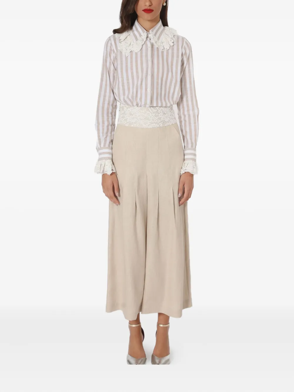 Lethicia Bronstein lace-insert pleated trousers Beige