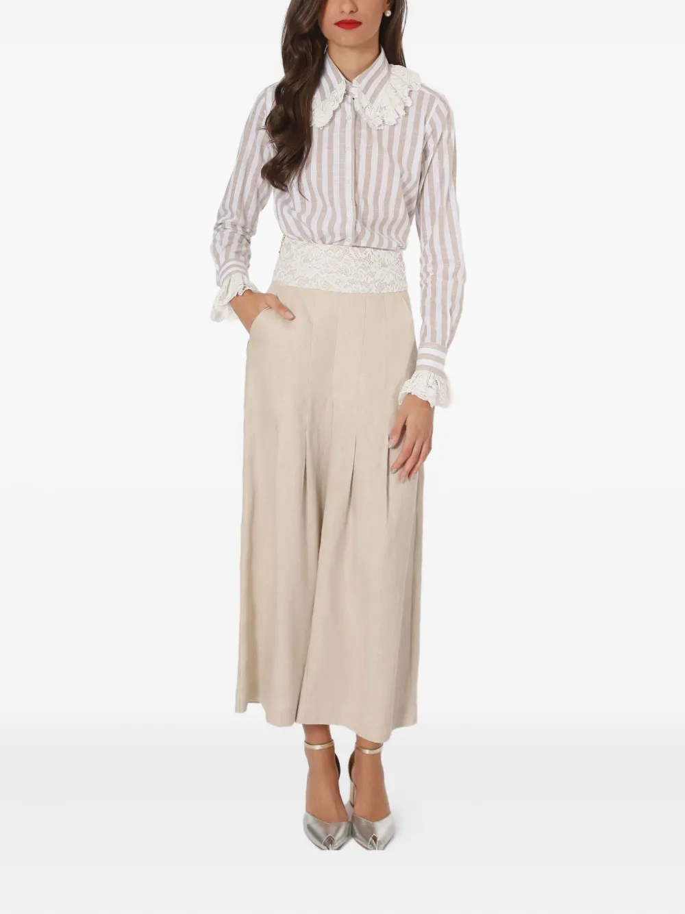 Lethicia Bronstein lace-insert pleated trousers Beige