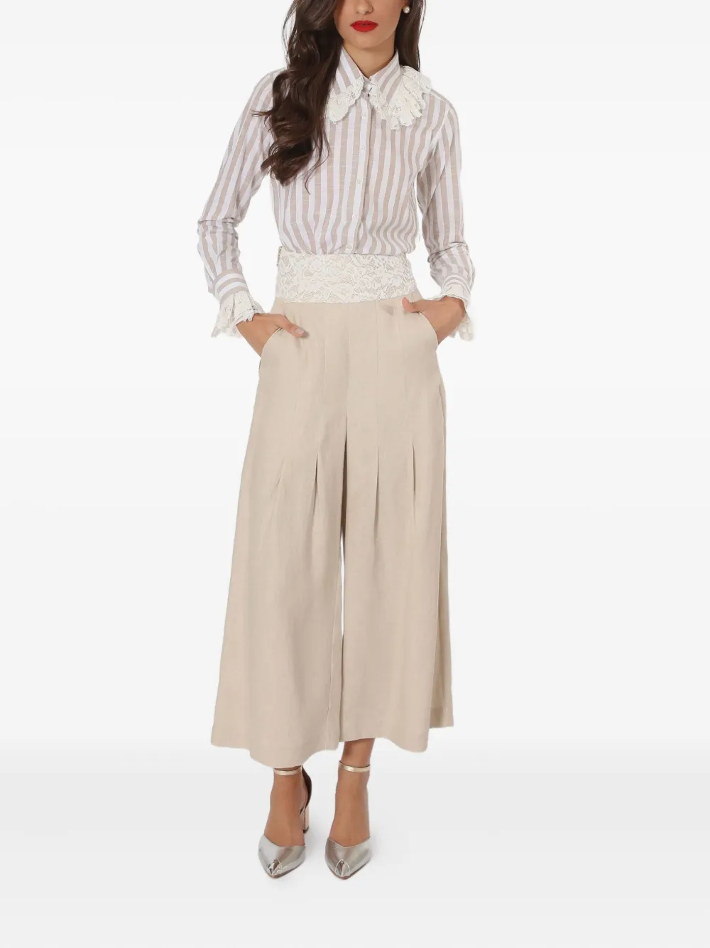 Lethicia Bronstein lace-insert pleated trousers Beige