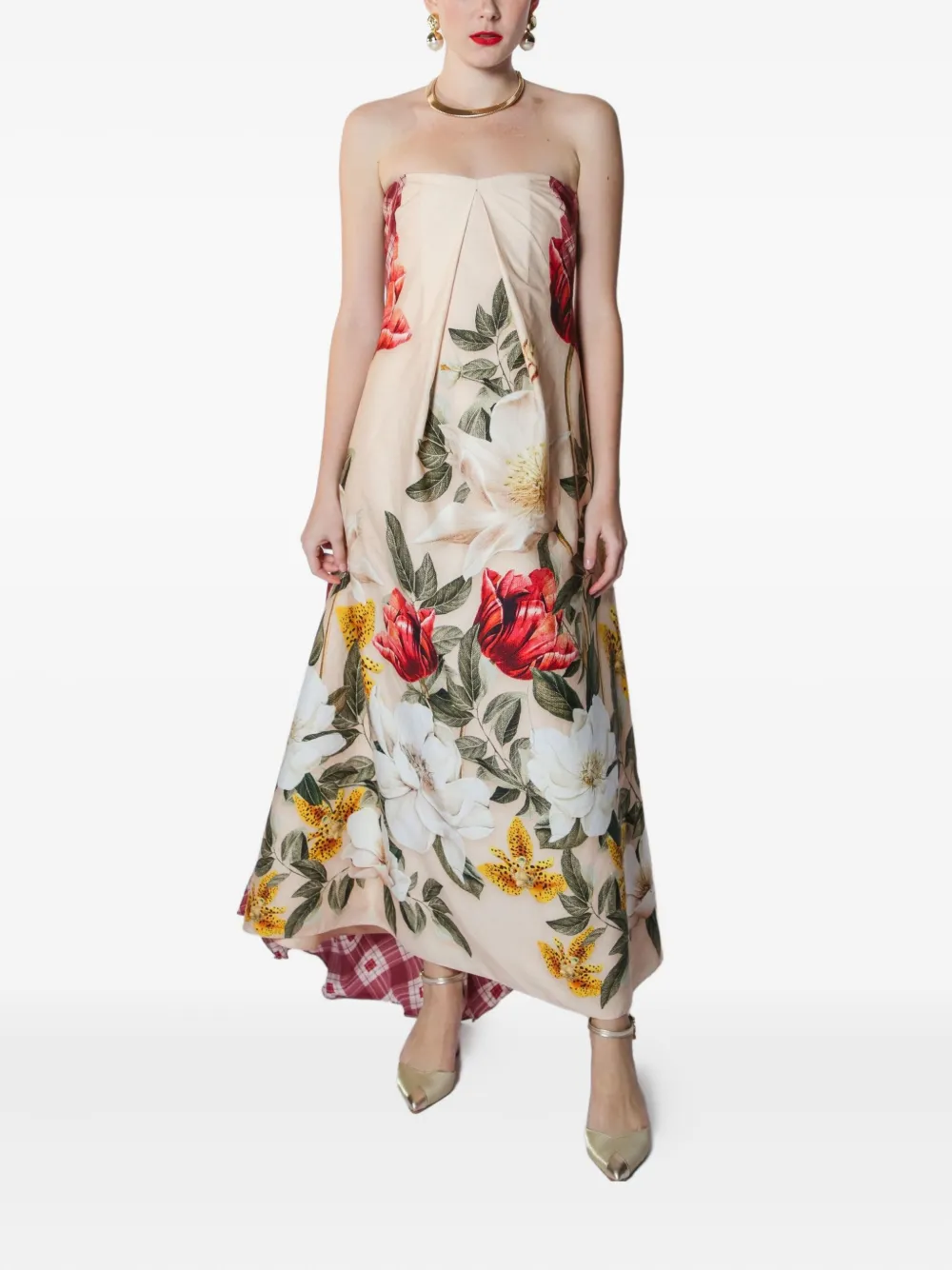 Lethicia Bronstein Marigold strapless maxi-jurk met print Beige